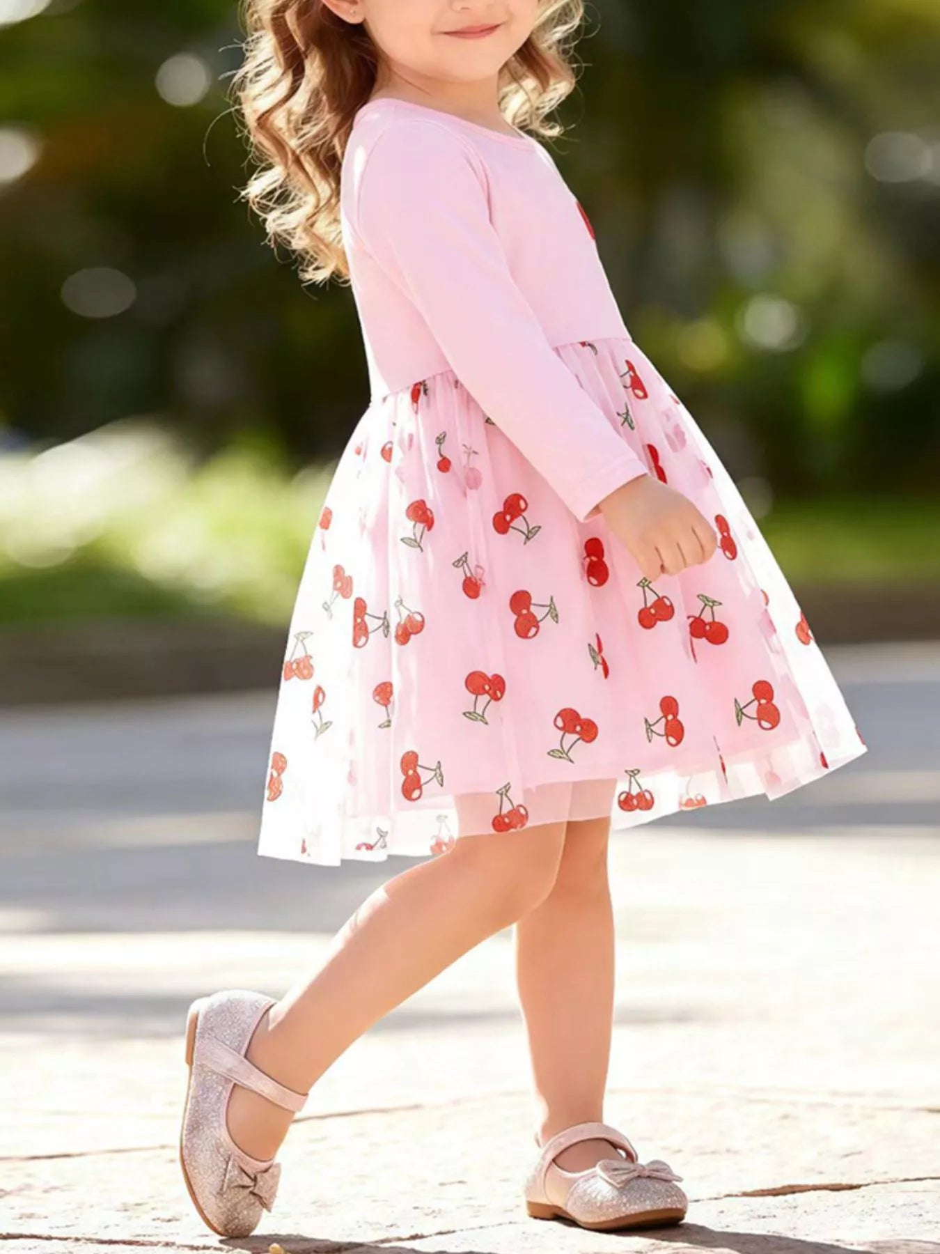 Children's Sweet Cherry Print Tulle Dress with Long Sleeves