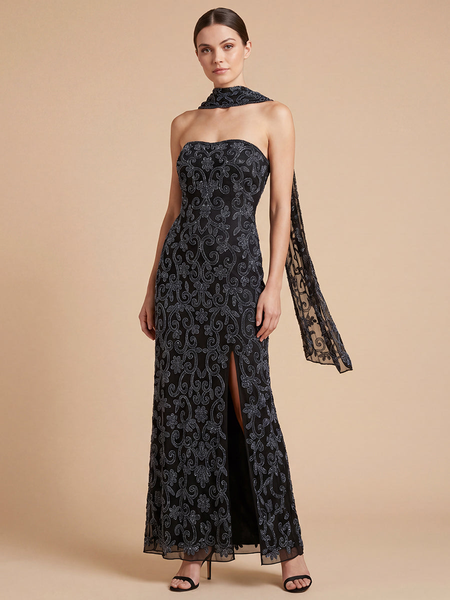 Lara 9916- Strapless Beaded Gown with Scarf