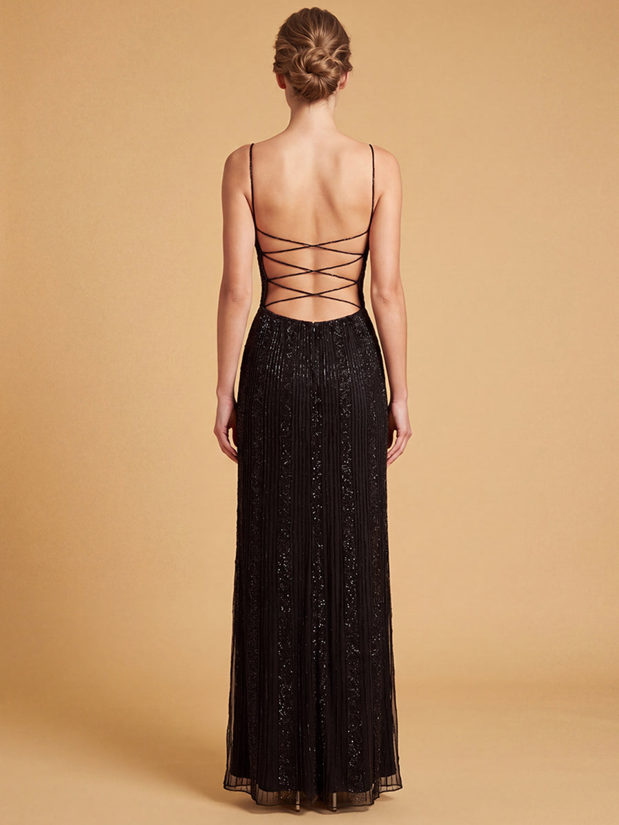 Lara 9917- Spaghetti Strap Beaded Gown