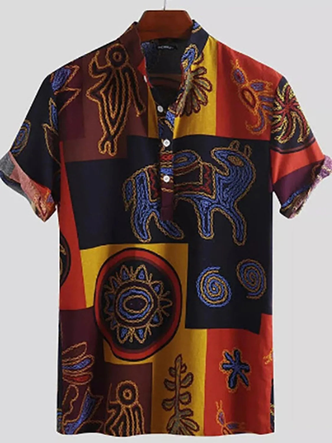 Men's Full Size Ethnic Print Short Sleeve Shirt Plus Size