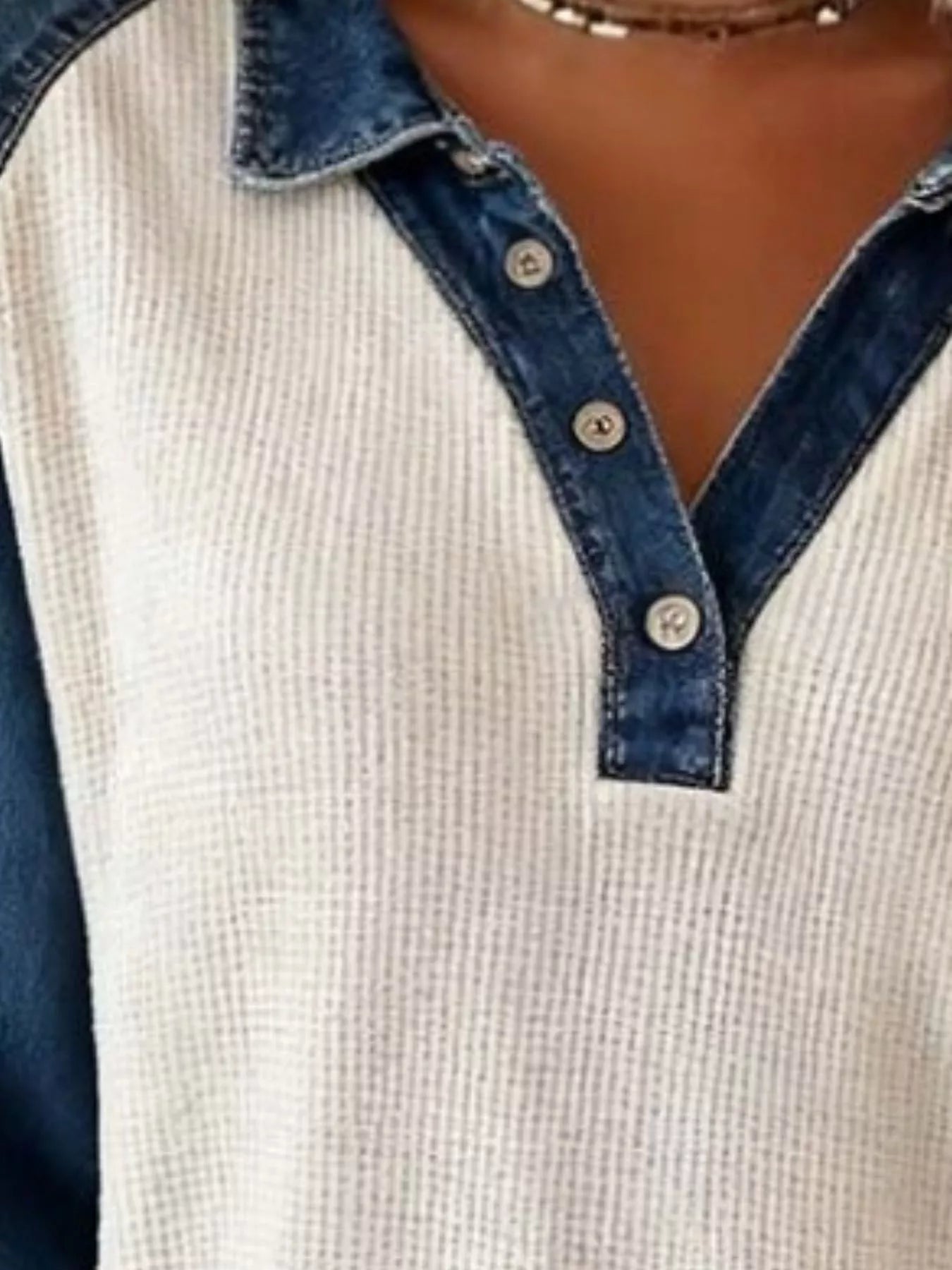 Contrast Denim Waffle Knit Long Sleeve Blouse