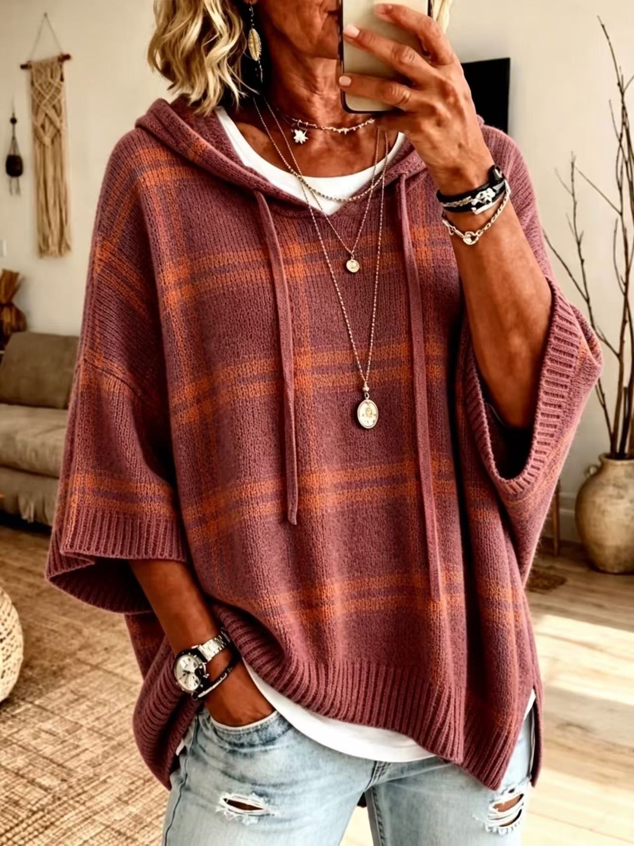 Plaid Knit Hooded Batwing Sweater