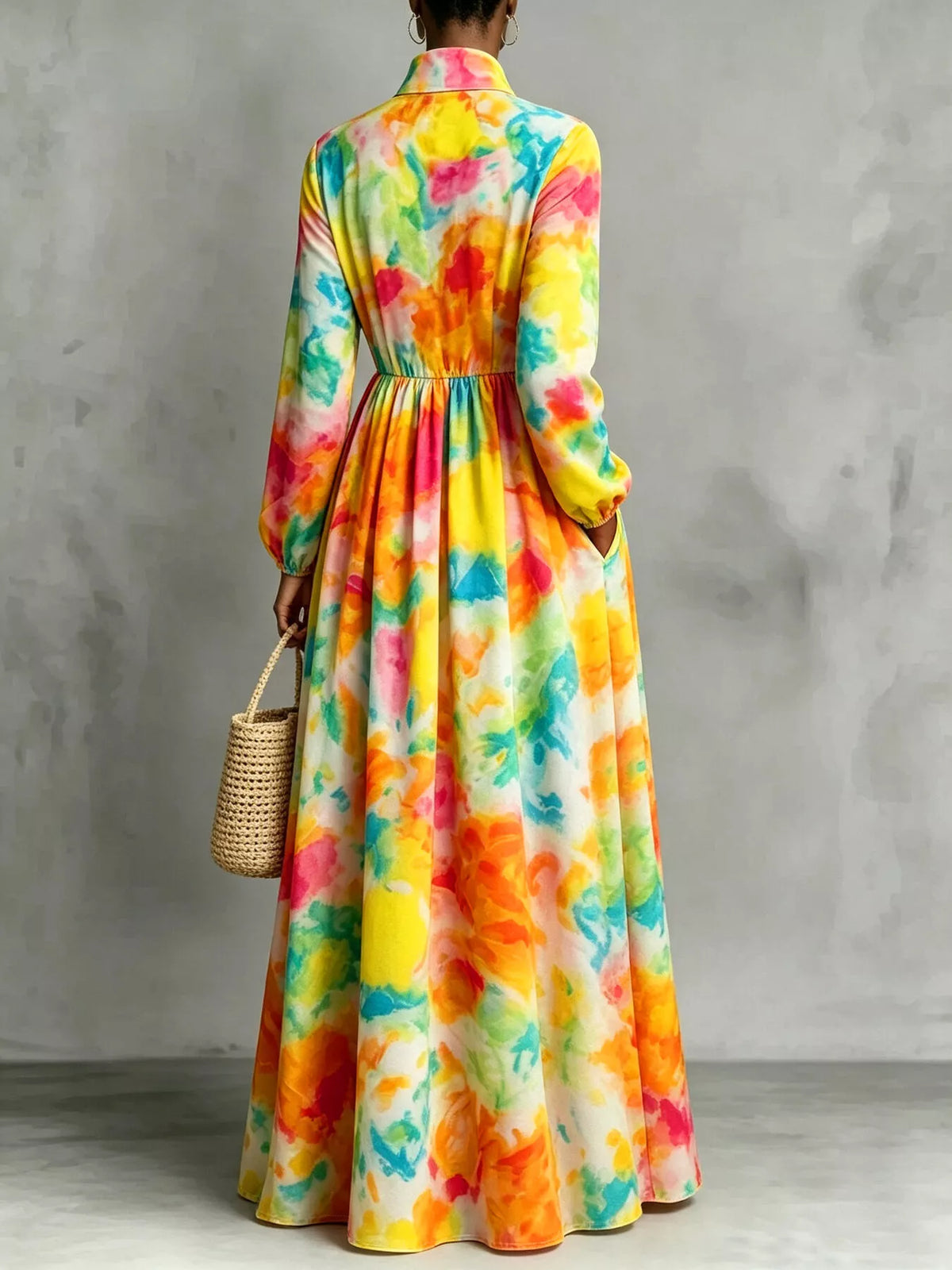 Watercolor Print Long-Sleeve Button-Down Maxi Dress