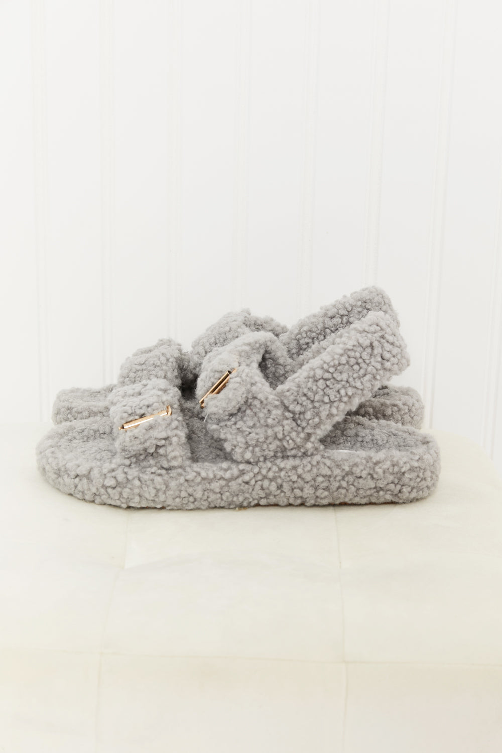 Qupid Cozy Atmosphere Faux Fur Buckled Sandals in Grey