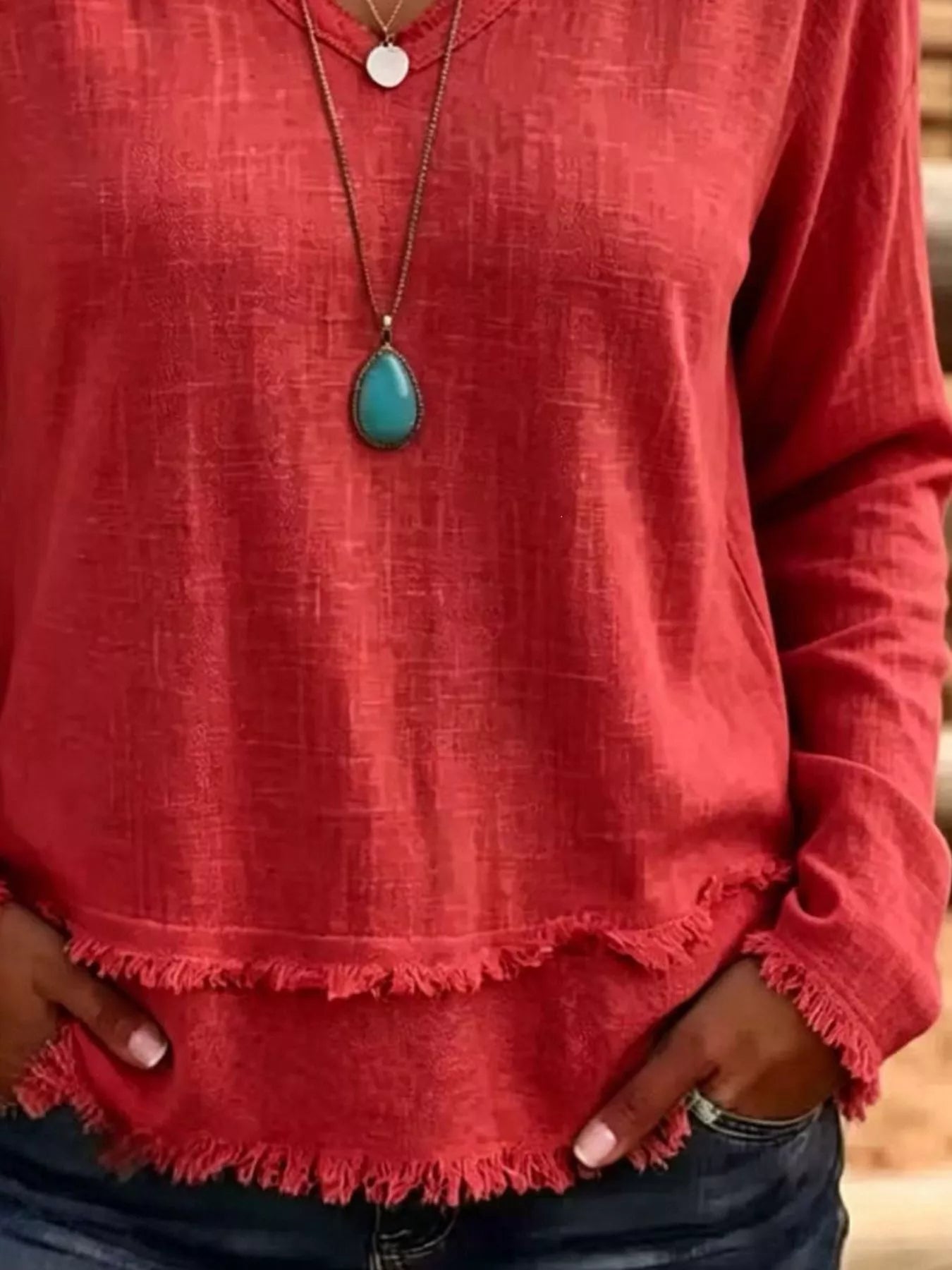 V-Neck Frayed Hem Long Sleeve T-Shirt
