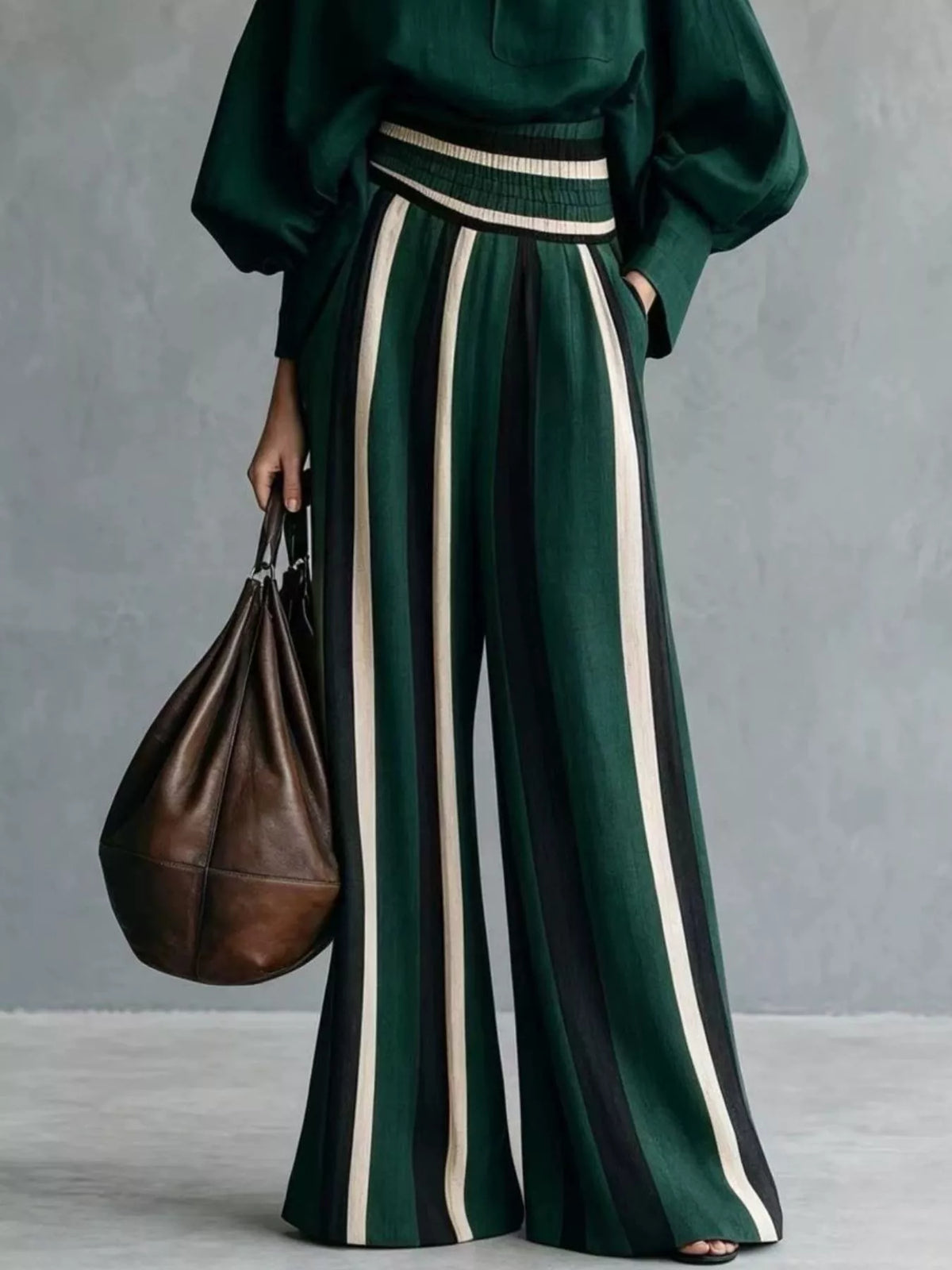 Full Size Mock Neck Top and Striped Wide-Leg Pants Set Plus Size