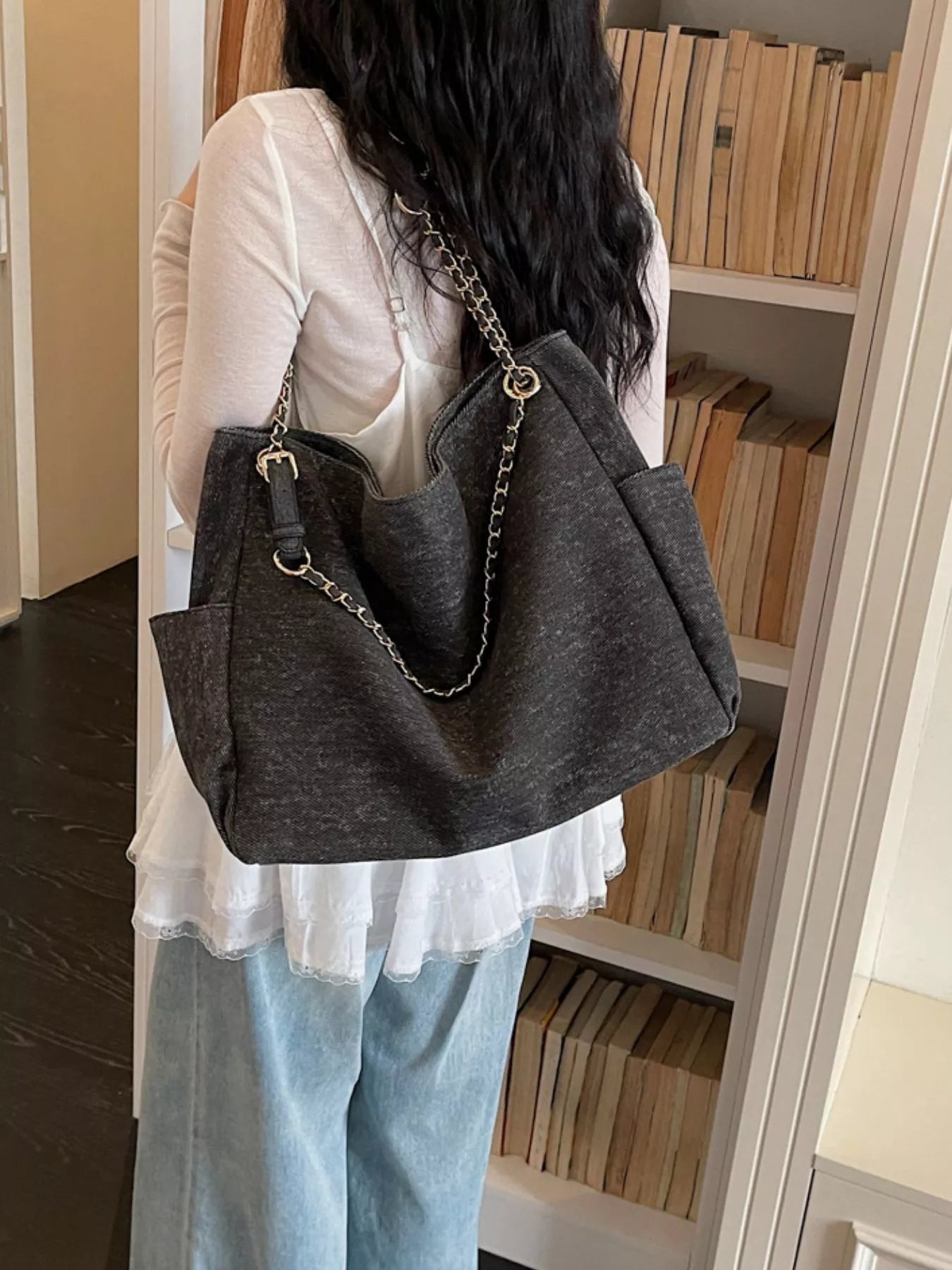 Denim Shoulder Bag with Chain Strap