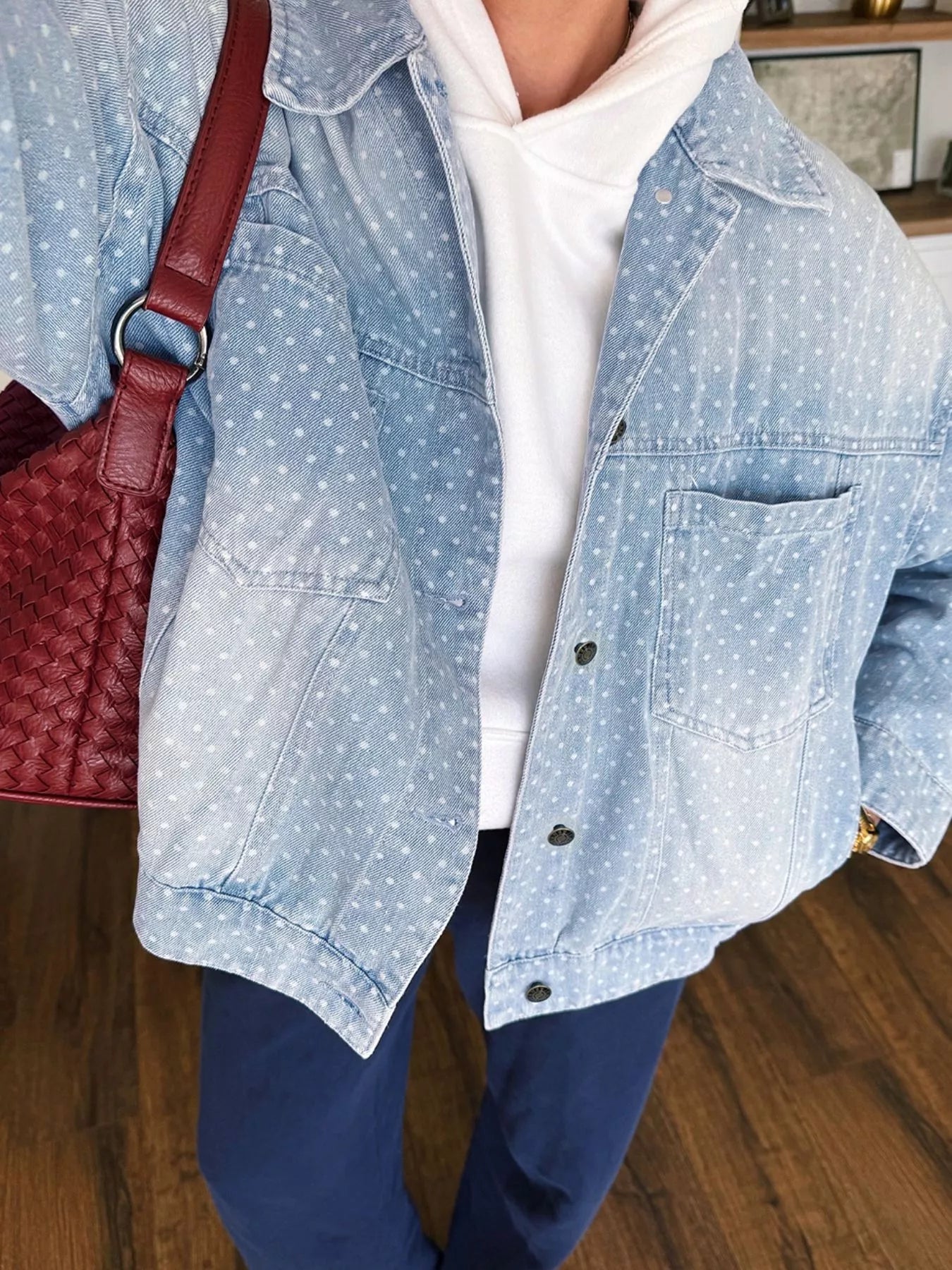Polka Dot Long Sleeve Collar Pocket Casual Shift Silhouette Denim Jacket