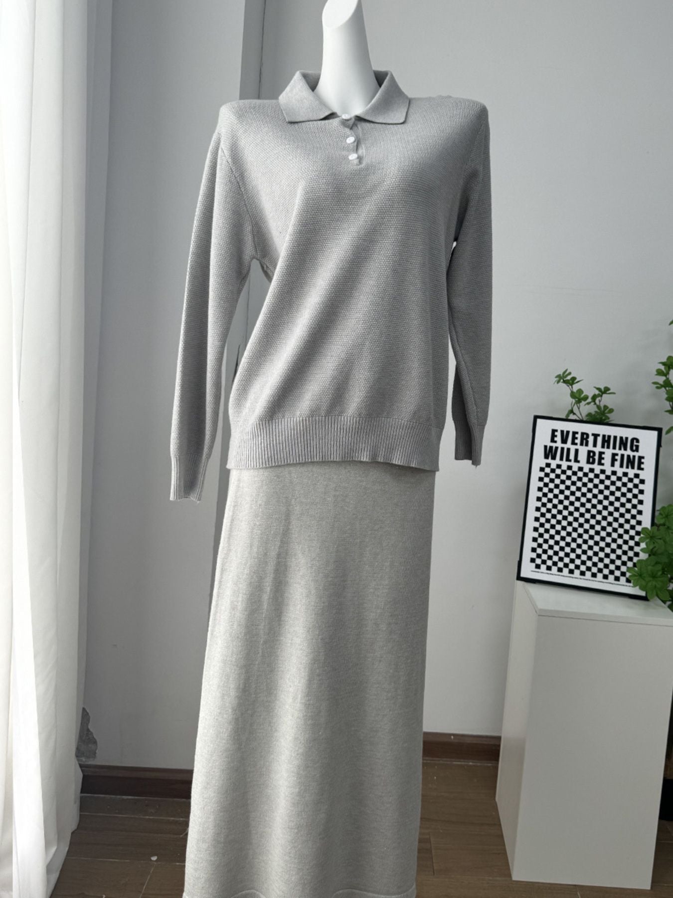 Polo Collar Top and Pants or Skirt Knit Set