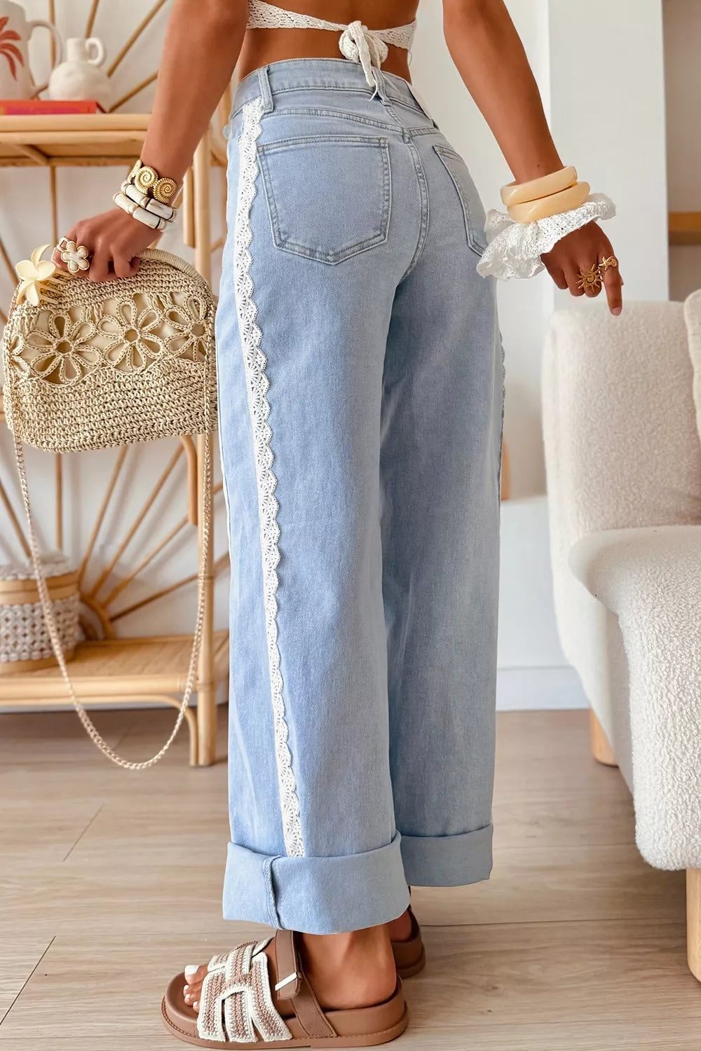 Light Wash Lace Trim Wide Leg Jeans
