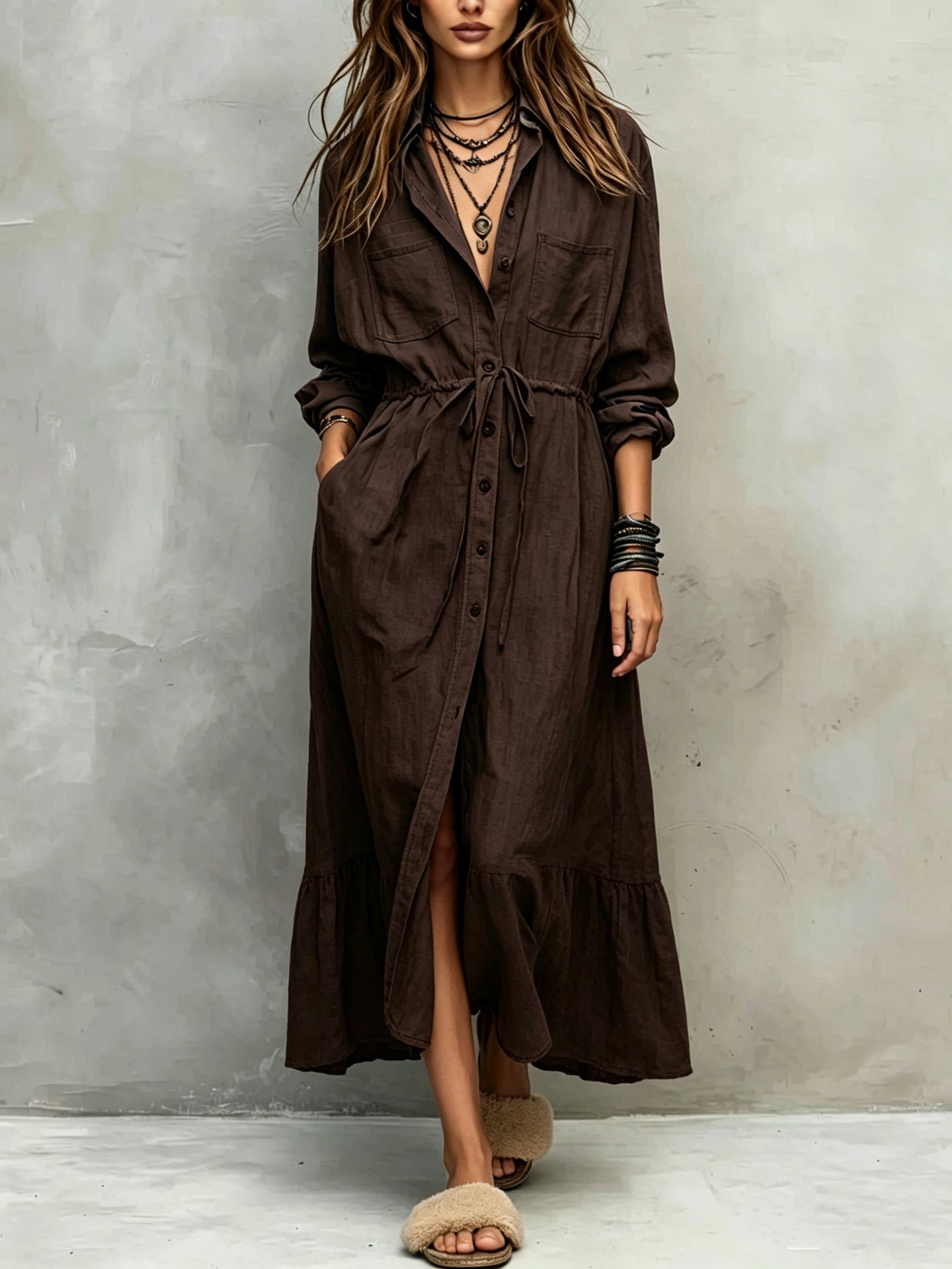 Women's Drawstring Waist Shirt Dress – Long Sleeve A-Line Midi