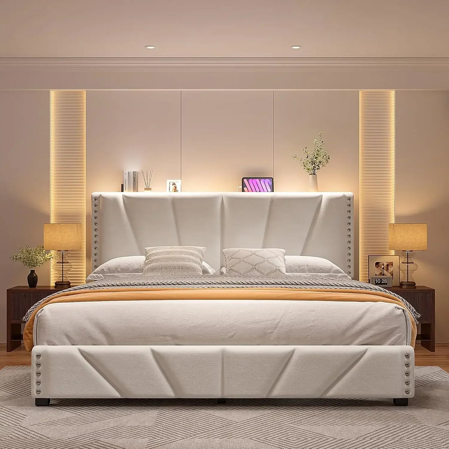 Velvet Headboard and LED Lights, Storage Headboard Platform Bed with Charging Station,King Size Bed Frame