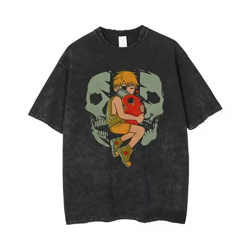 πͺ Chainsaw Man Acid-Washed Vintage Graphic T-Shirt β Harajuku Streetwear
