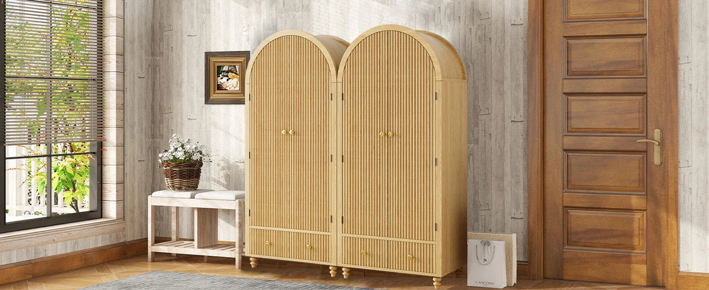 Modern Arched Wooden Storage Cabinet with Fluted Doors, Mid-Century Modern Accent Wardrobe with Gold Knobs