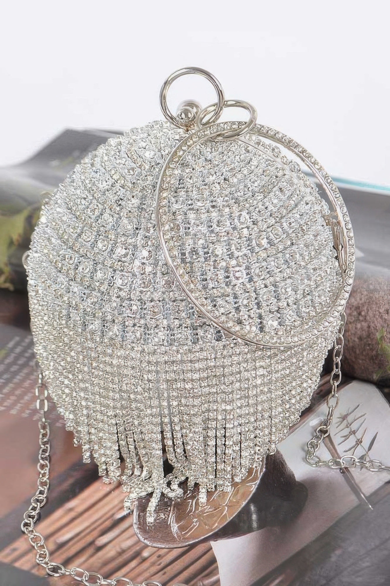 Round Rhinestone Fringe Bag W Faux Pearl