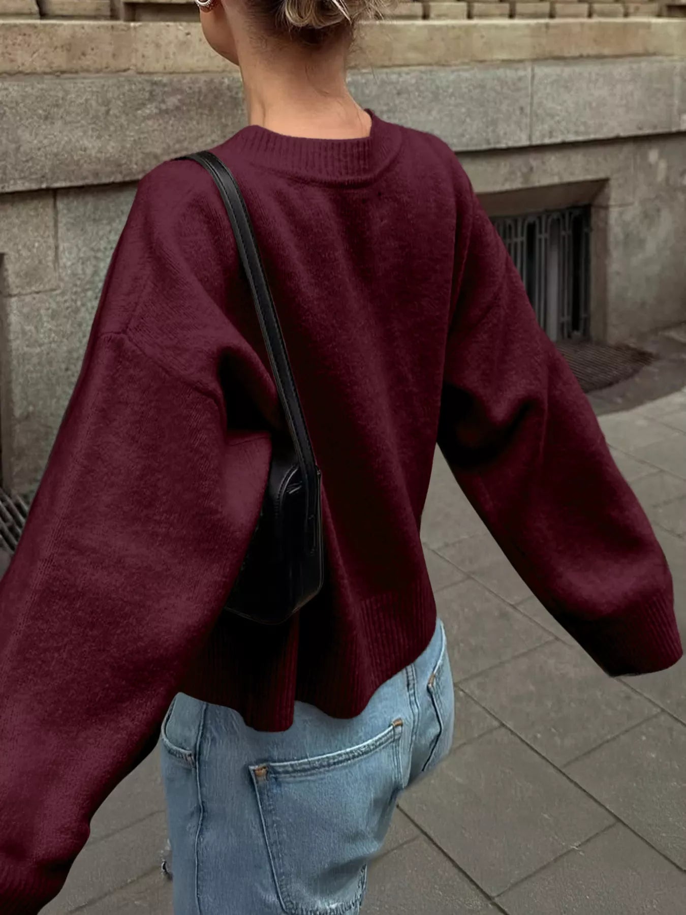 Ribbed Round Neck Dropped Shoulder Sweater