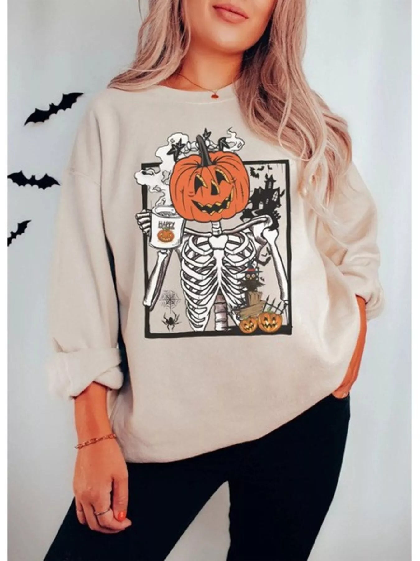 Halloween Pumpkin Floral Round Neck Sweatshirt