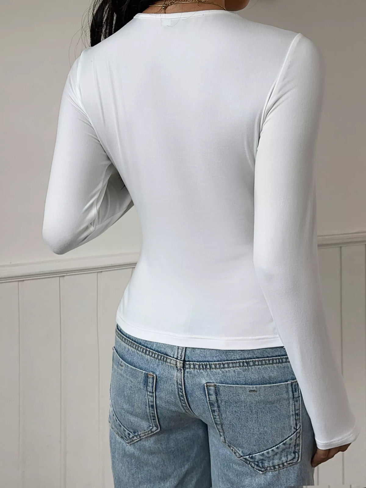 Lace-Trimmed V-Neck Tie-Front Long Sleeve T-Shirt