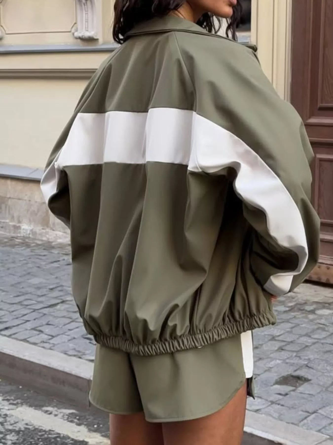 Color Block Zip Up Outerwear and Shorts Set