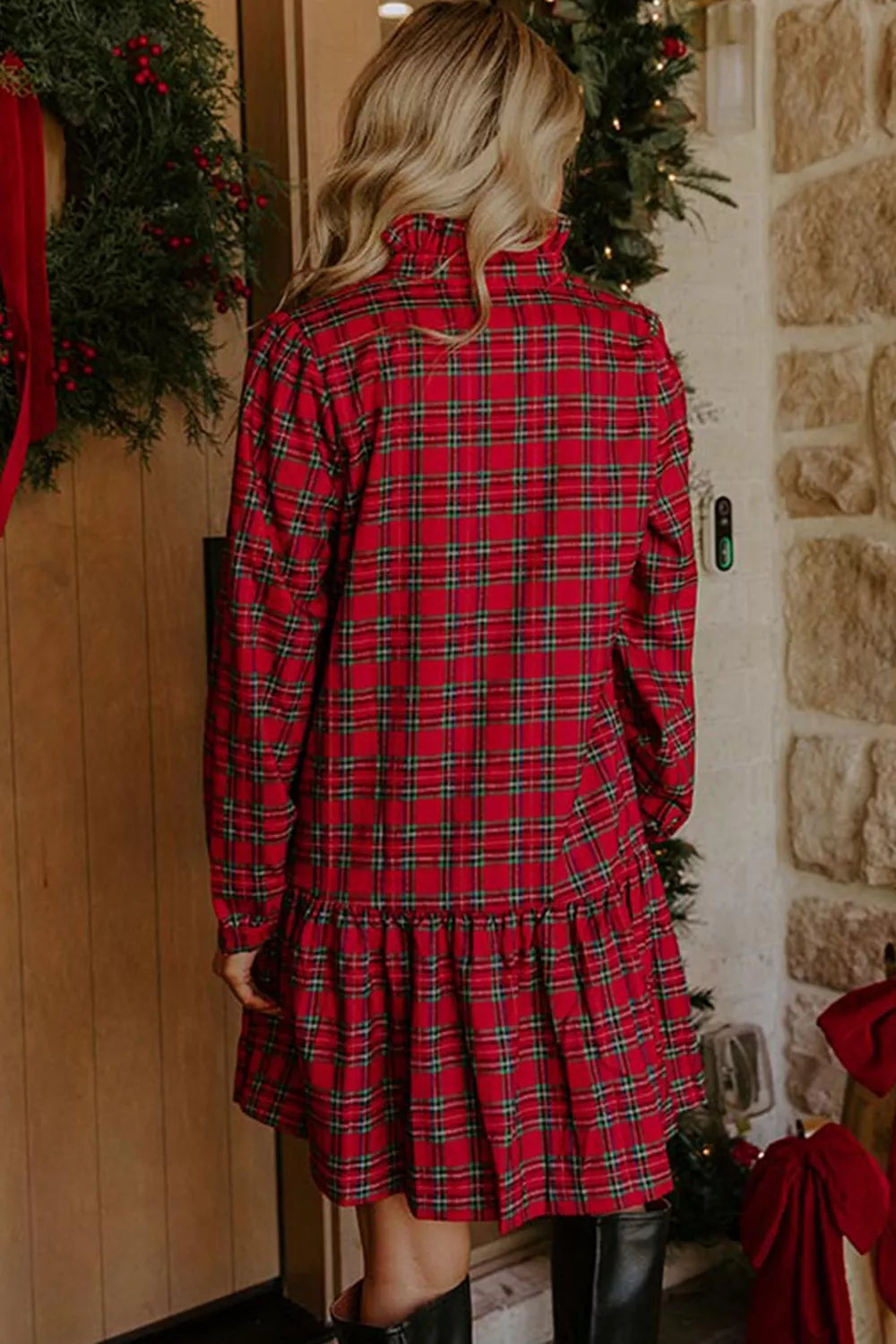 Plaid Long Sleeve Mini Shift Silhouette Decoration Dress