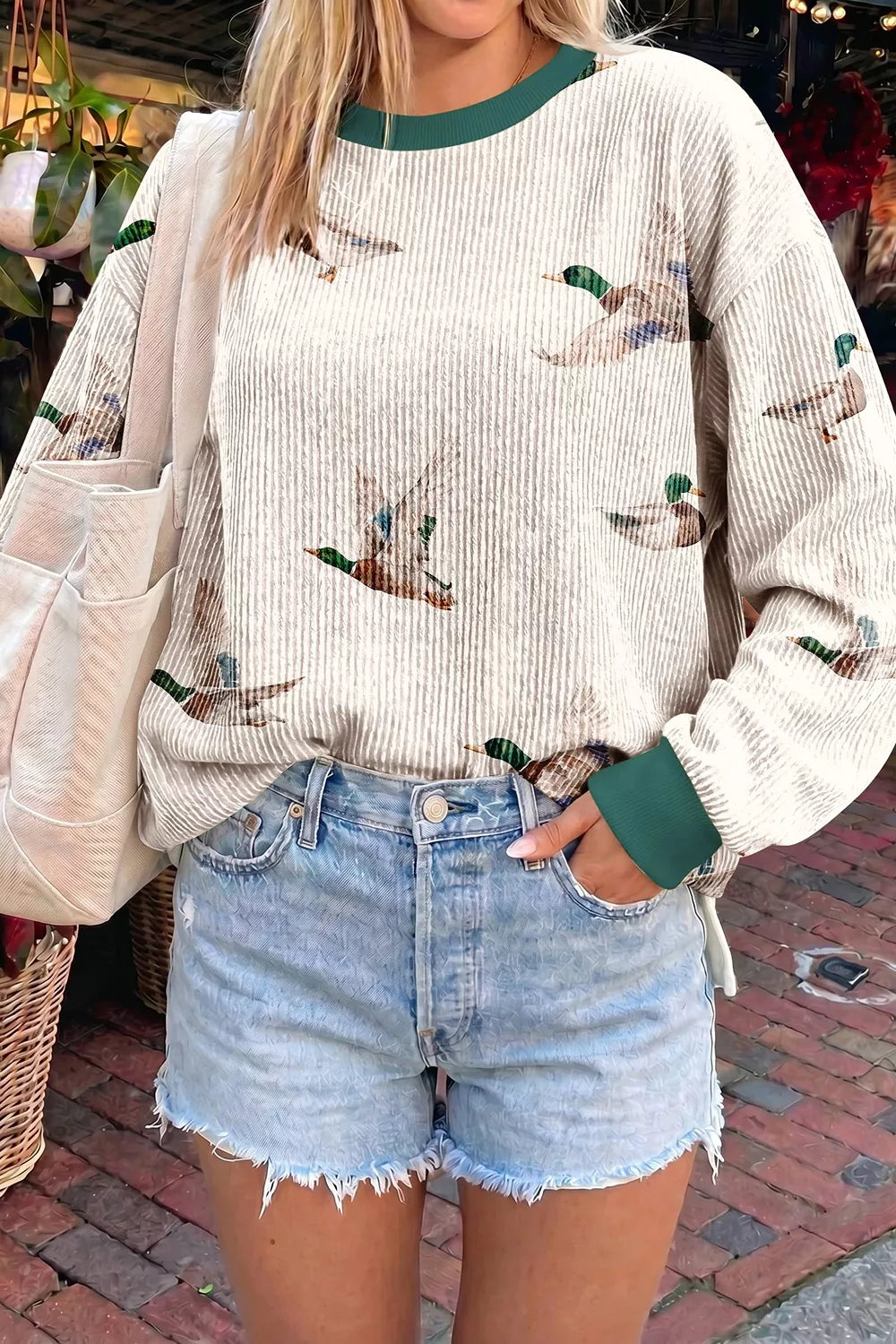 Twisted Ribbed Duck Print Crewneck Casual Pullover Top