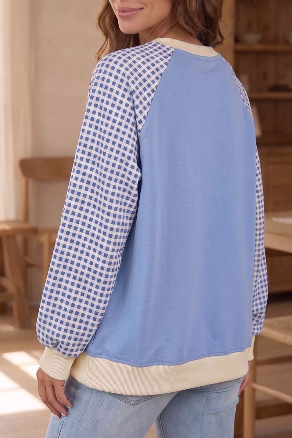 Plaid Raglan Sleeve Round Neck Sweatshirt