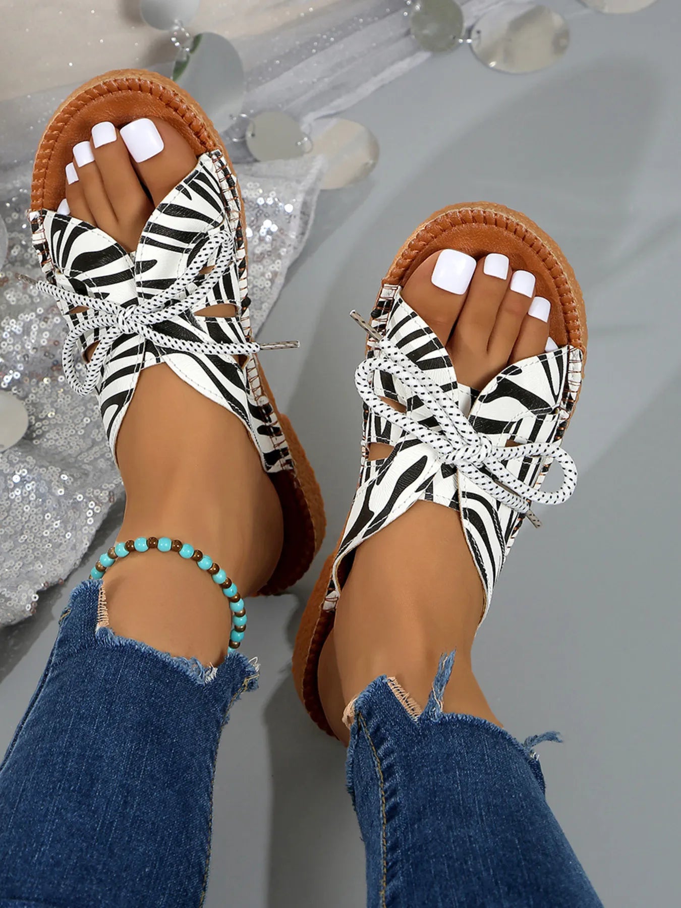 Printed Tied Flat Sandals