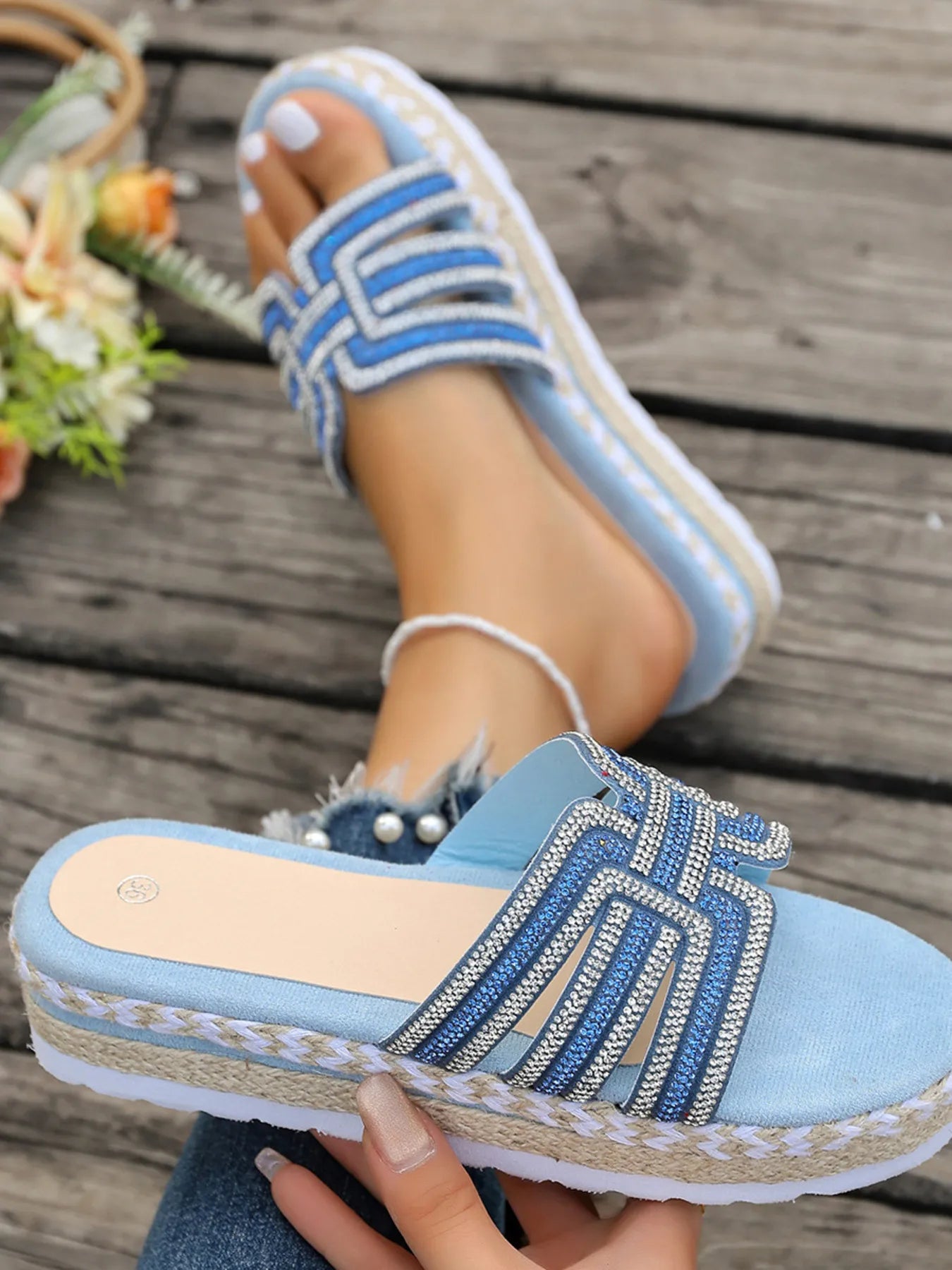 Rhinestone Embellished Platform Espadrille Sandals