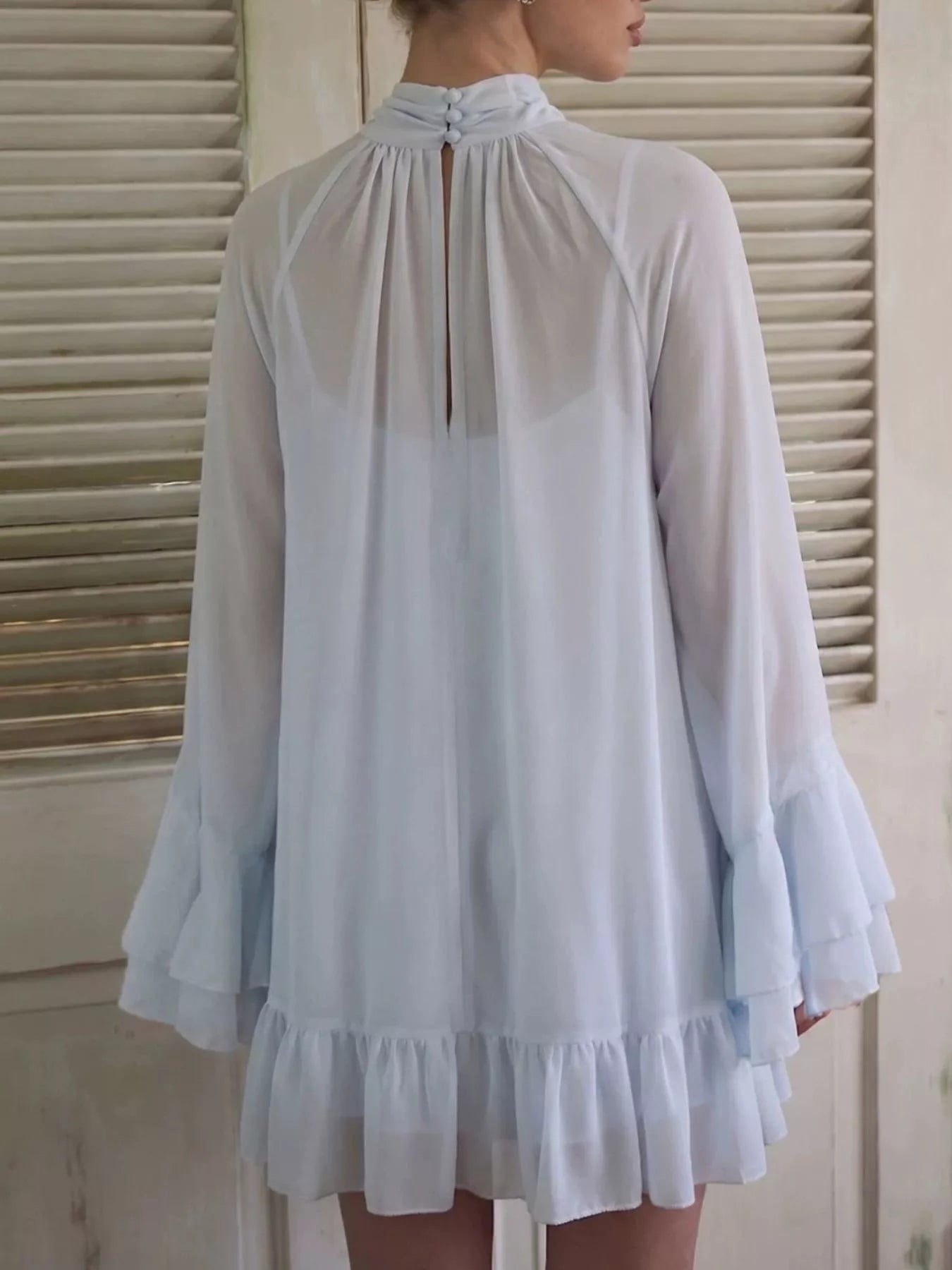 Sheer Mock Neck Flare Sleeve Dress
