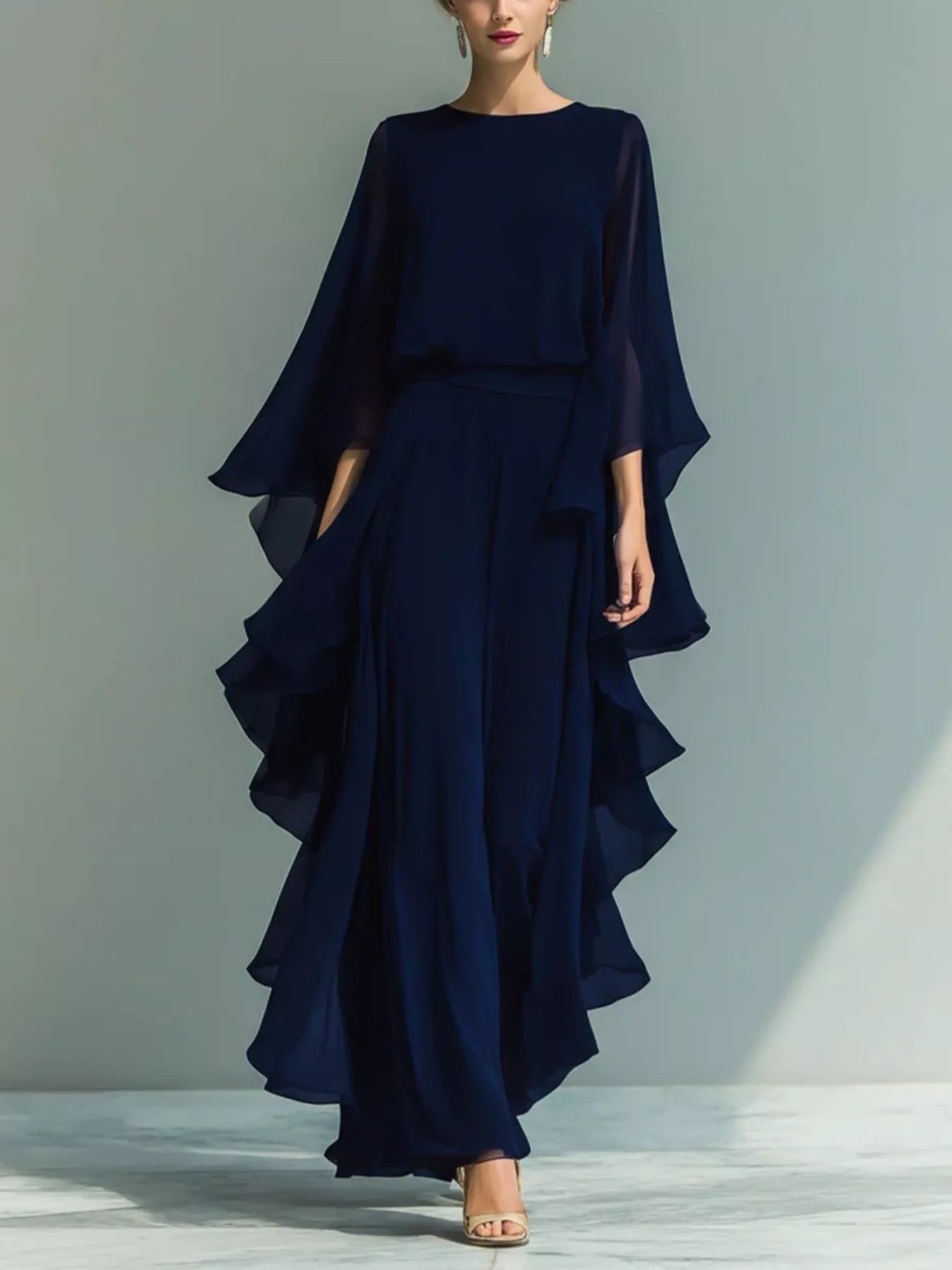 Ruffled Chiffon Long Sleeve Top and Pants Set
