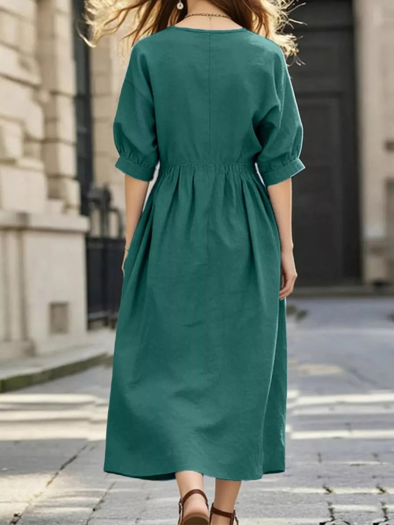 Notched Half Sleeve Midi Dress