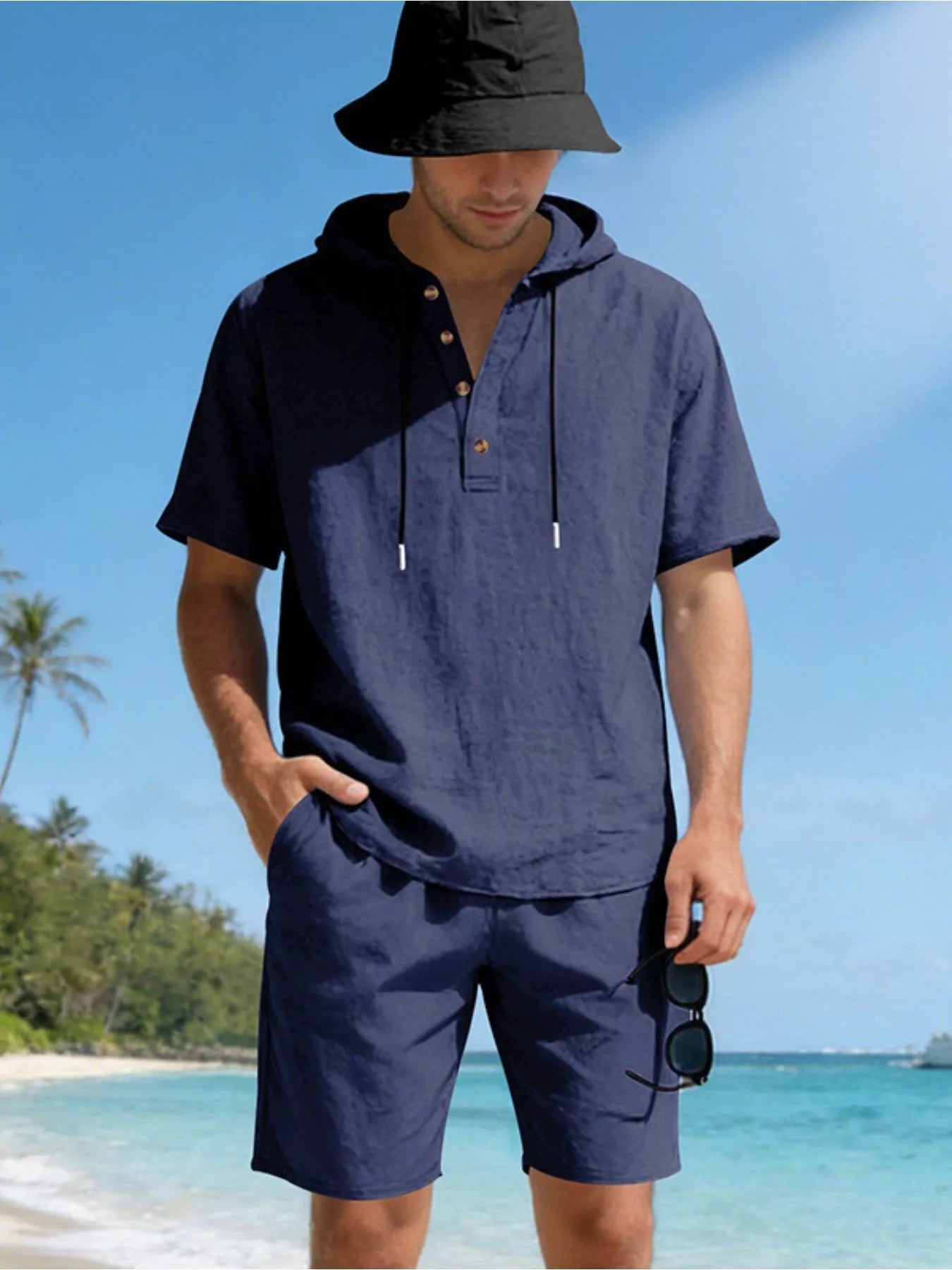 Men's Full Size Casual Short Sleeve Hooded Top & Shorts Set Plus Size