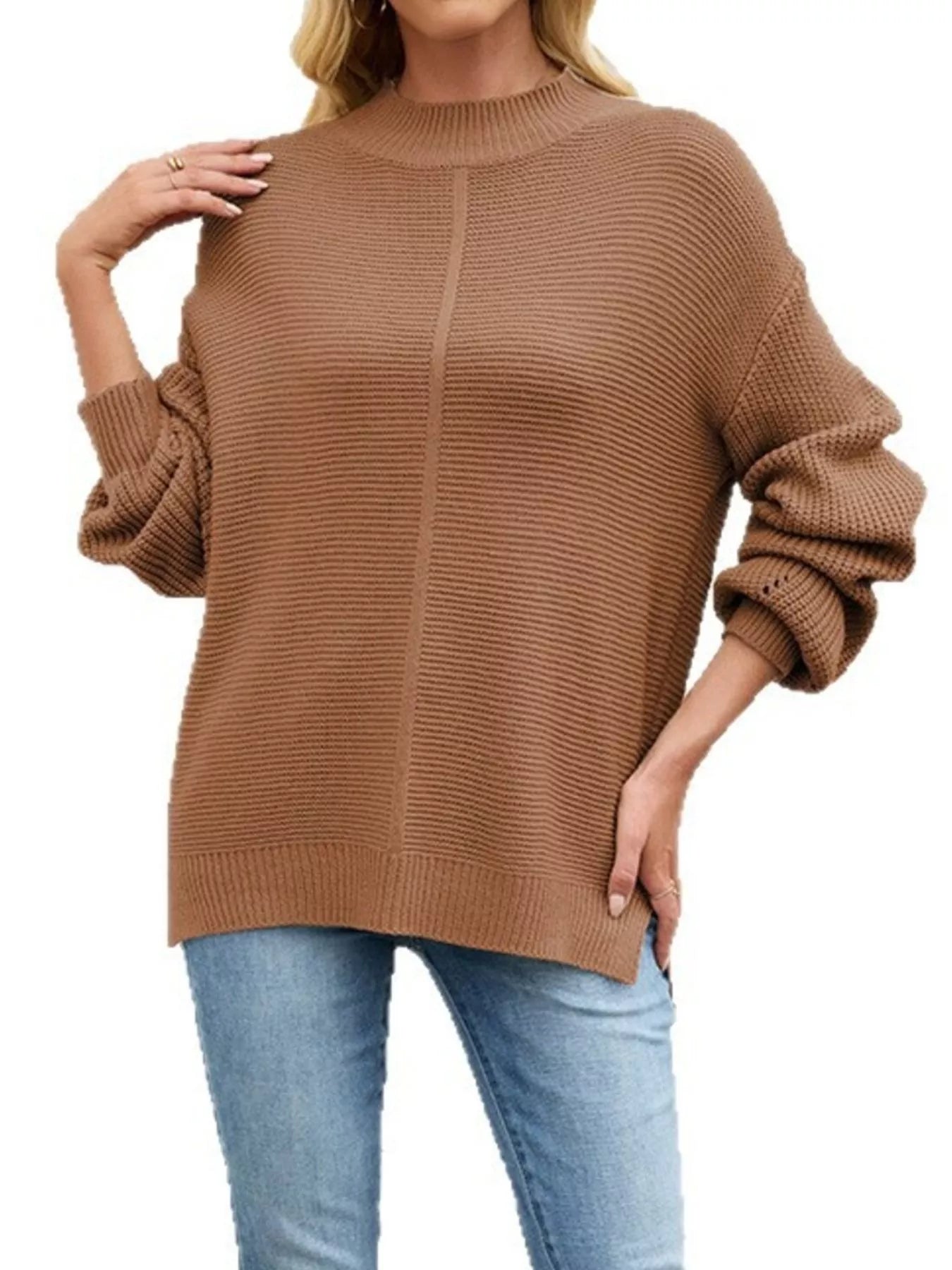 Ribbed Mock Neck Drop Shoulder Sweater