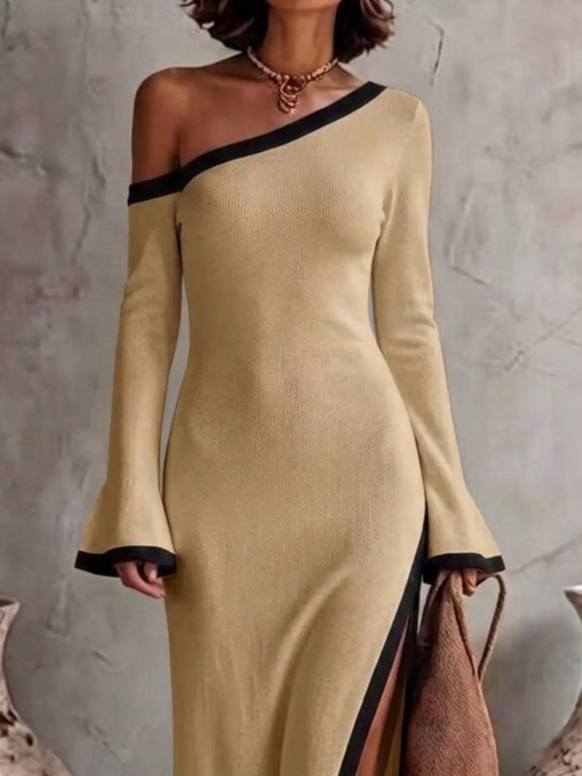 Slit One-Shoulder Contrast Trim Maxi Dress