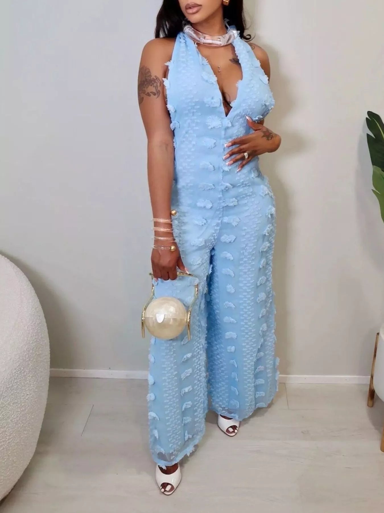 Textured Halter Wide-Leg Jumpsuit