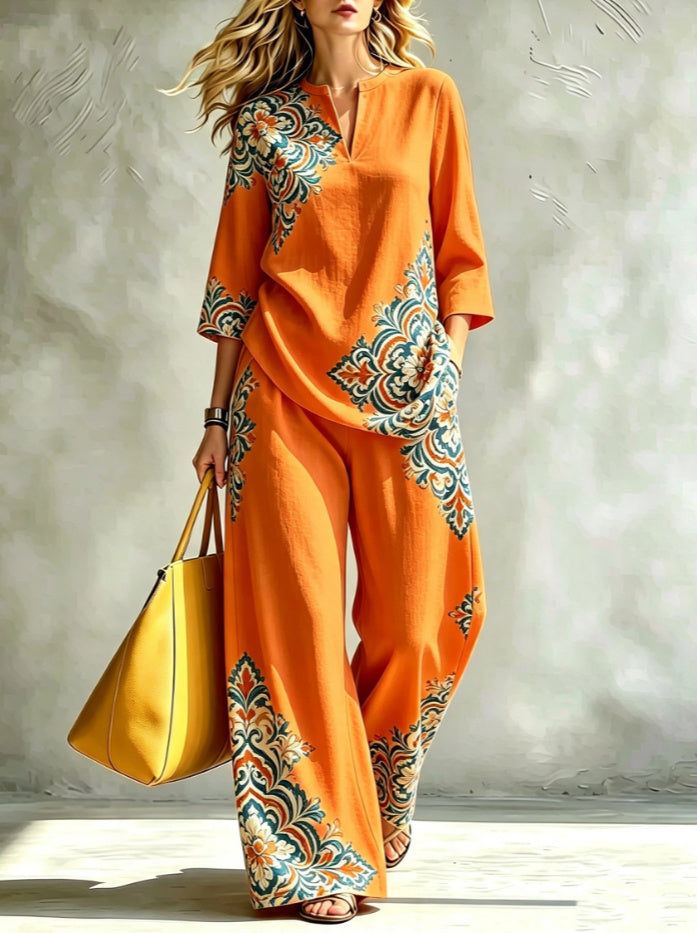 Printed Wide-Leg Trouser Set | V-Neck Top & Pants Two-Piece