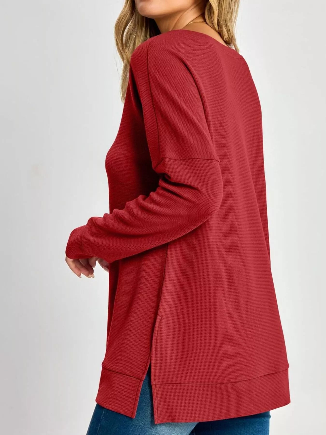 Side Slit Waffle Knit V-Neck T-Shirt