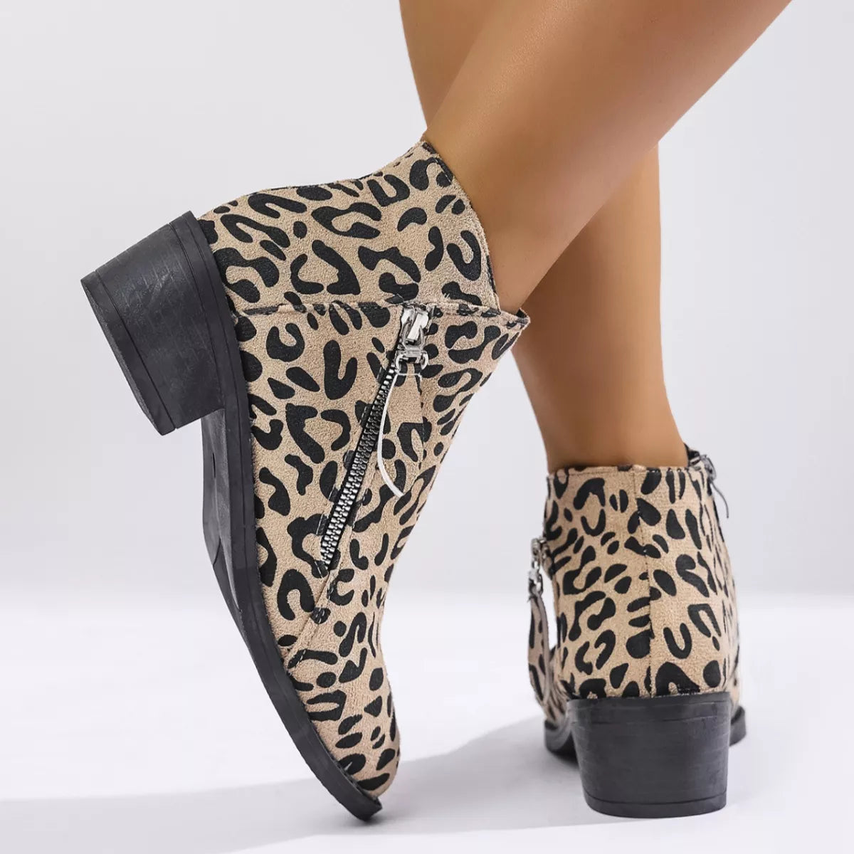 Leopard Block Heel Ankle Boots