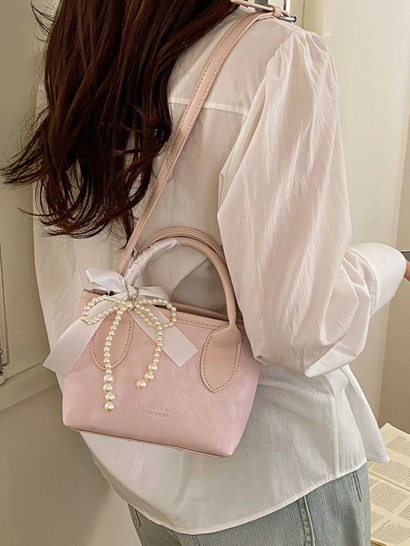 Pearl Bow Charm Crossbody Bag