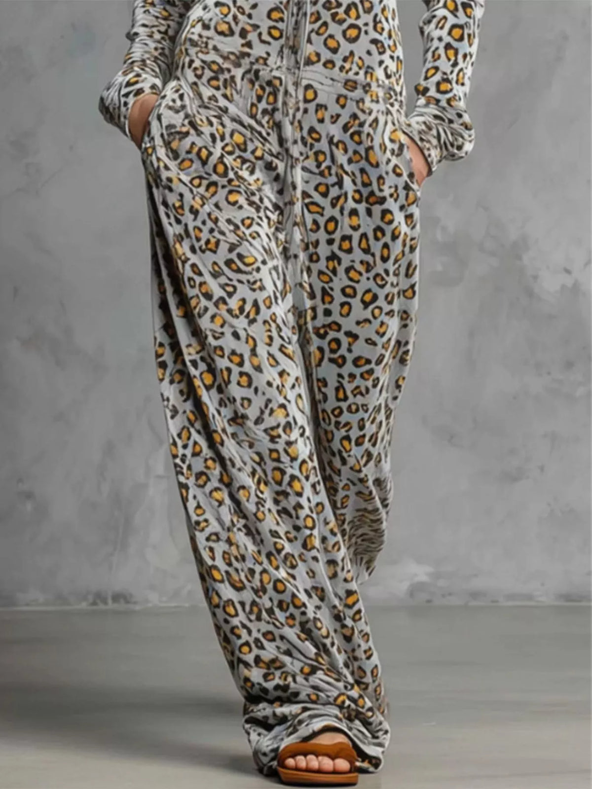 Leopard Zip-Front Hooded Jumpsuit