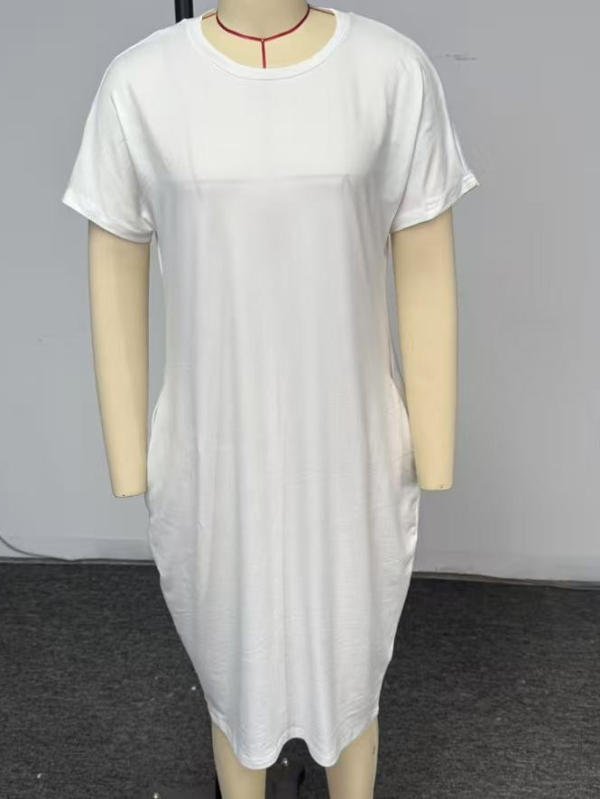 Solid-Colour Crew Neck Midi Dress with Pockets