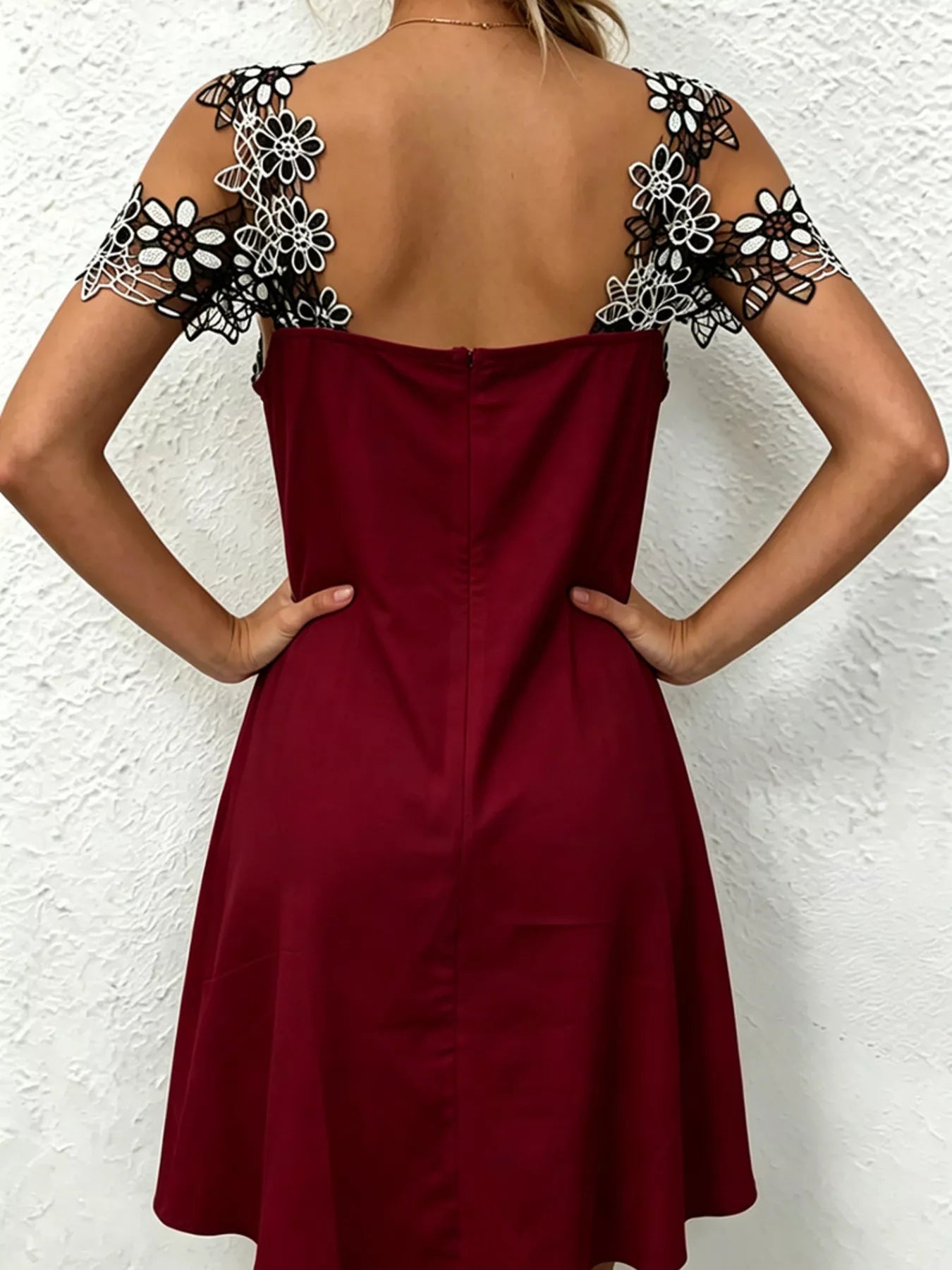 Lace Floral Trim Cold Shoulder Mini Dress
