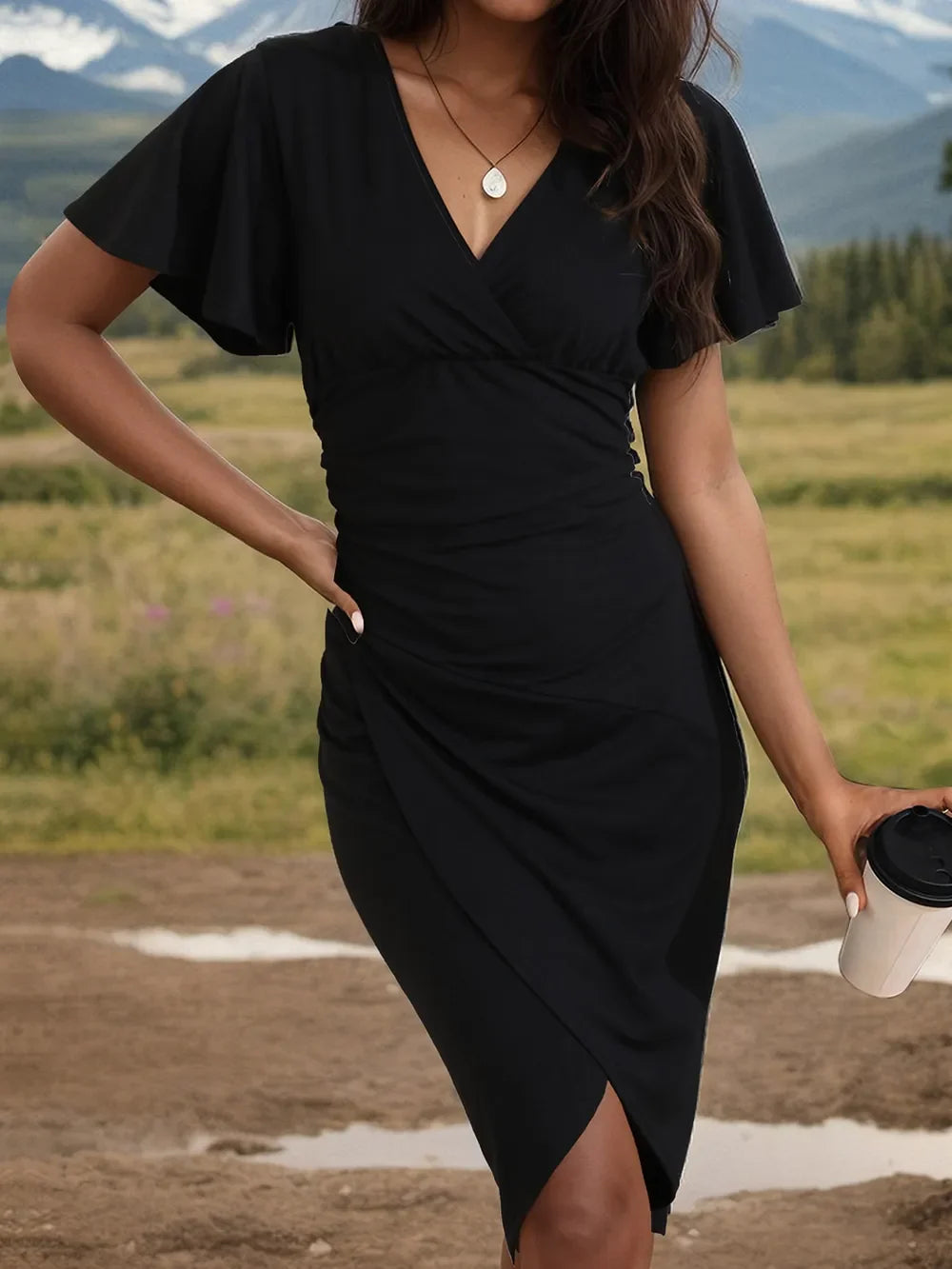 Perfee Ruched Surplice Short Sleeve Dress