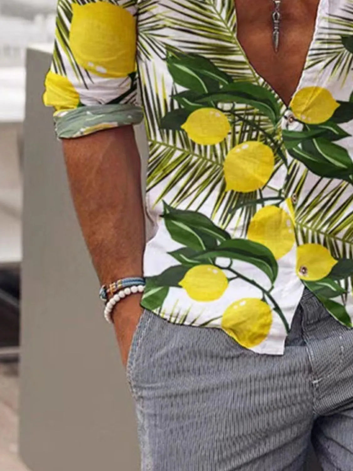 Men's Full Size Lemon Print Button Up Shirt Plus Size