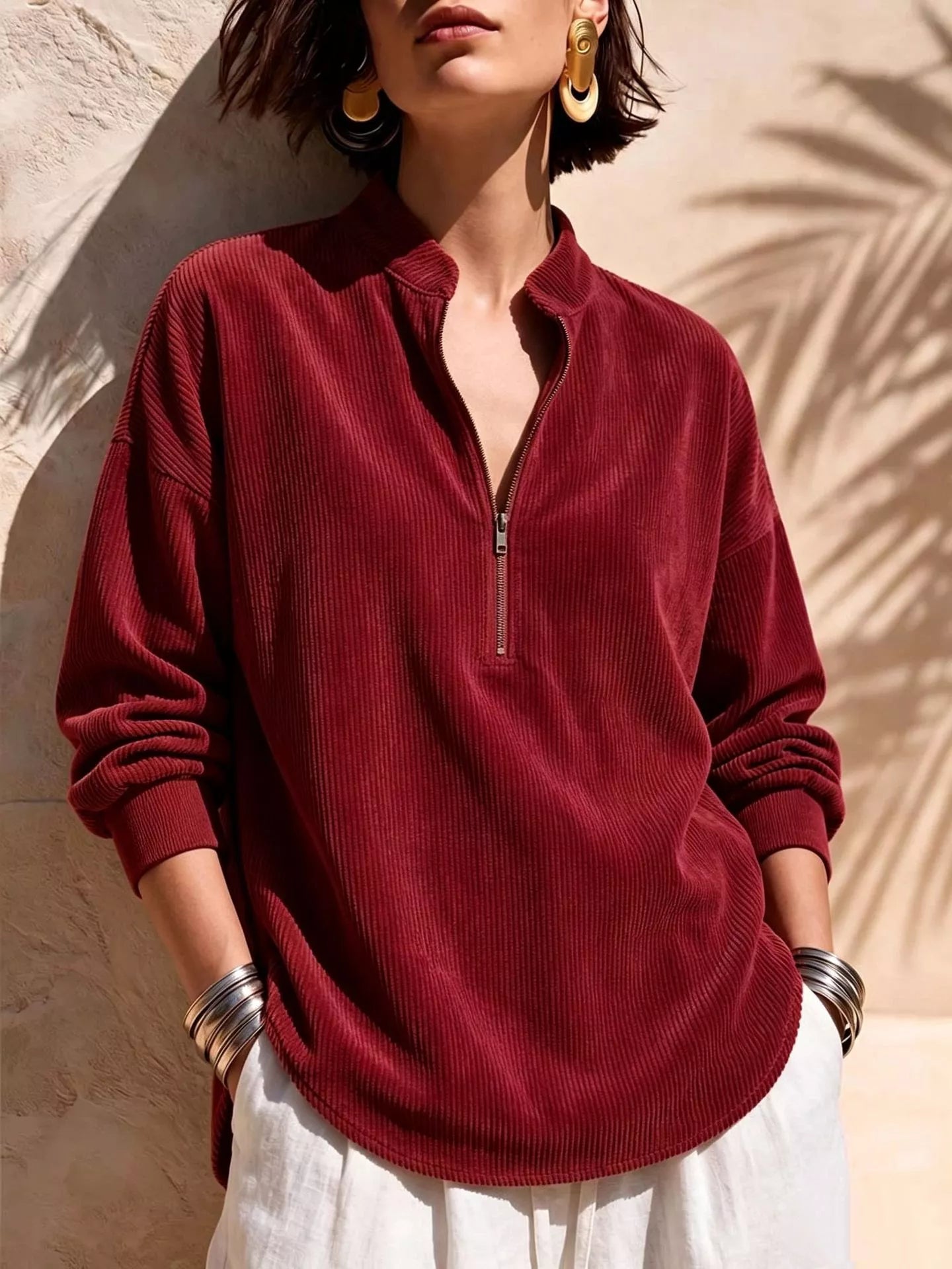 Full Size Ribbed Half-Zip Corduroy Sweatshirt Plus Size