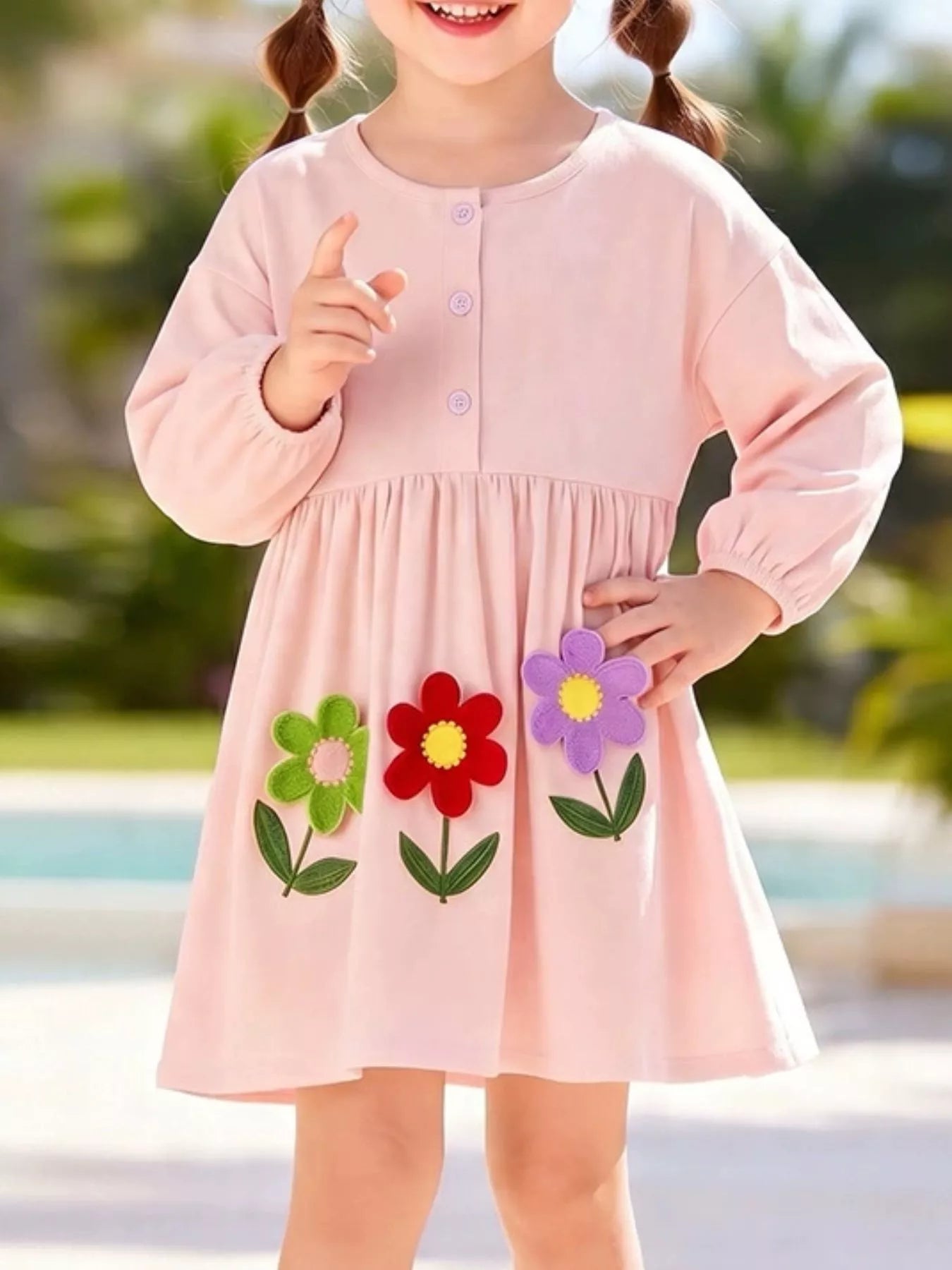 Children's Flower Button Detail Long Sleeve Dress