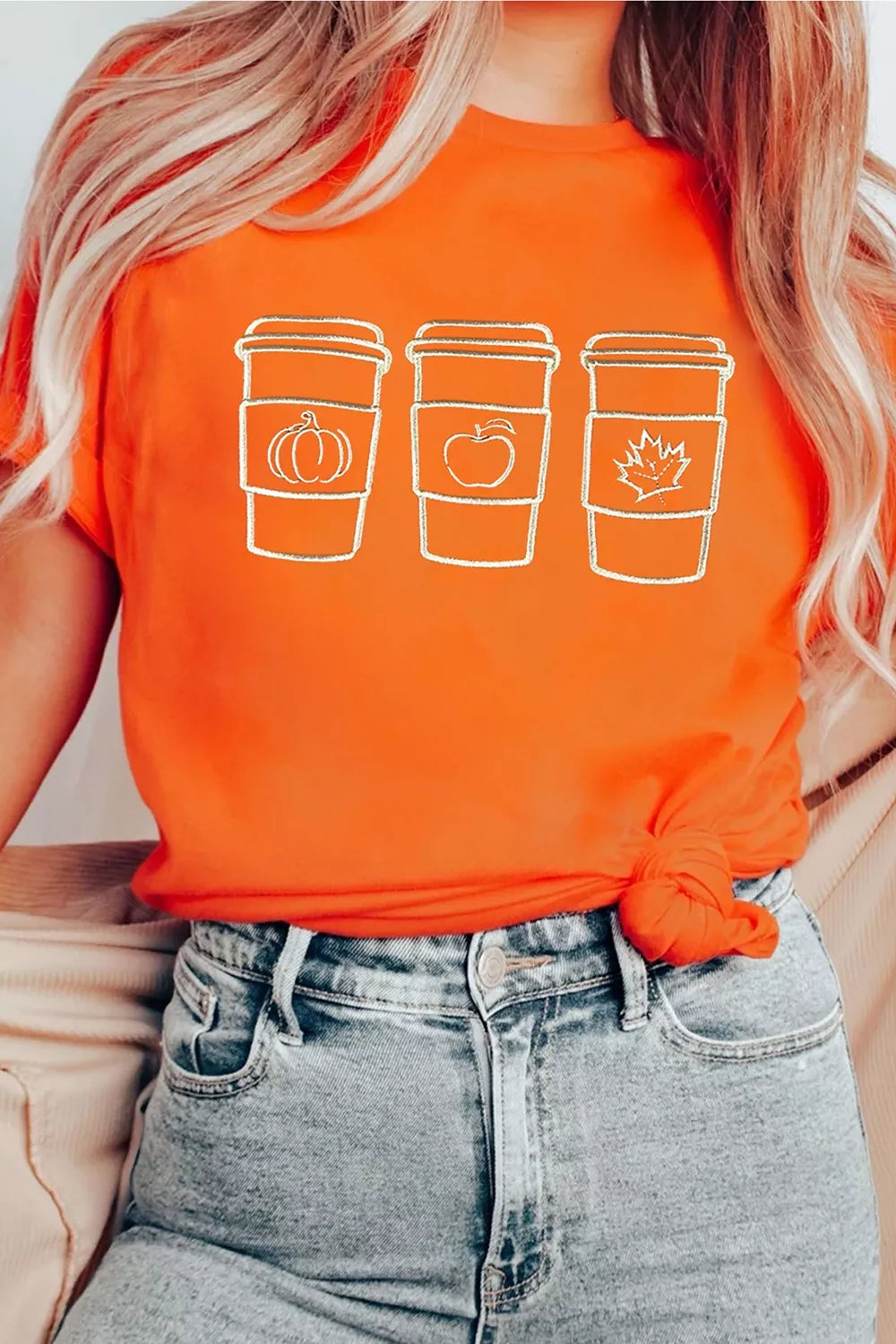 Embroidered Fall Drinks Round Neck Tee