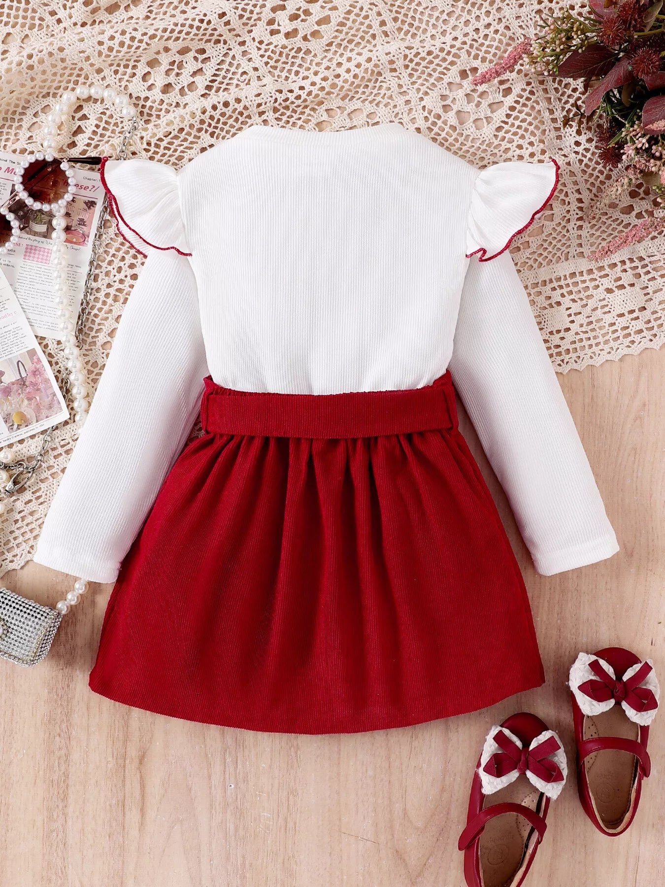 Children's Bow Long Sleeve Top and Skirt Set