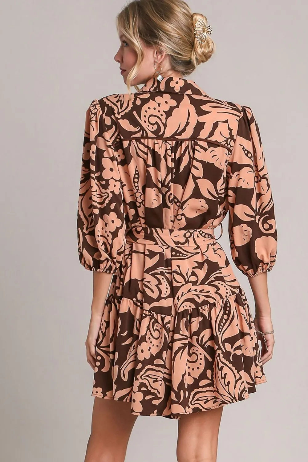 Umgee Full Size Two Tone Floral Print Puff Sleeve Tie Waist Dress Plus Size