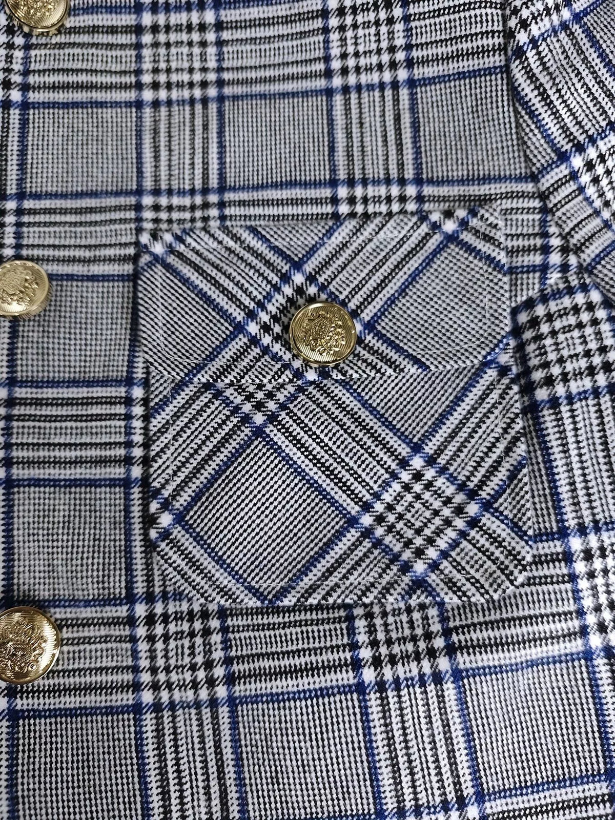 Plaid Cropped Outerwear with Contrast Collar and Gold Buttons